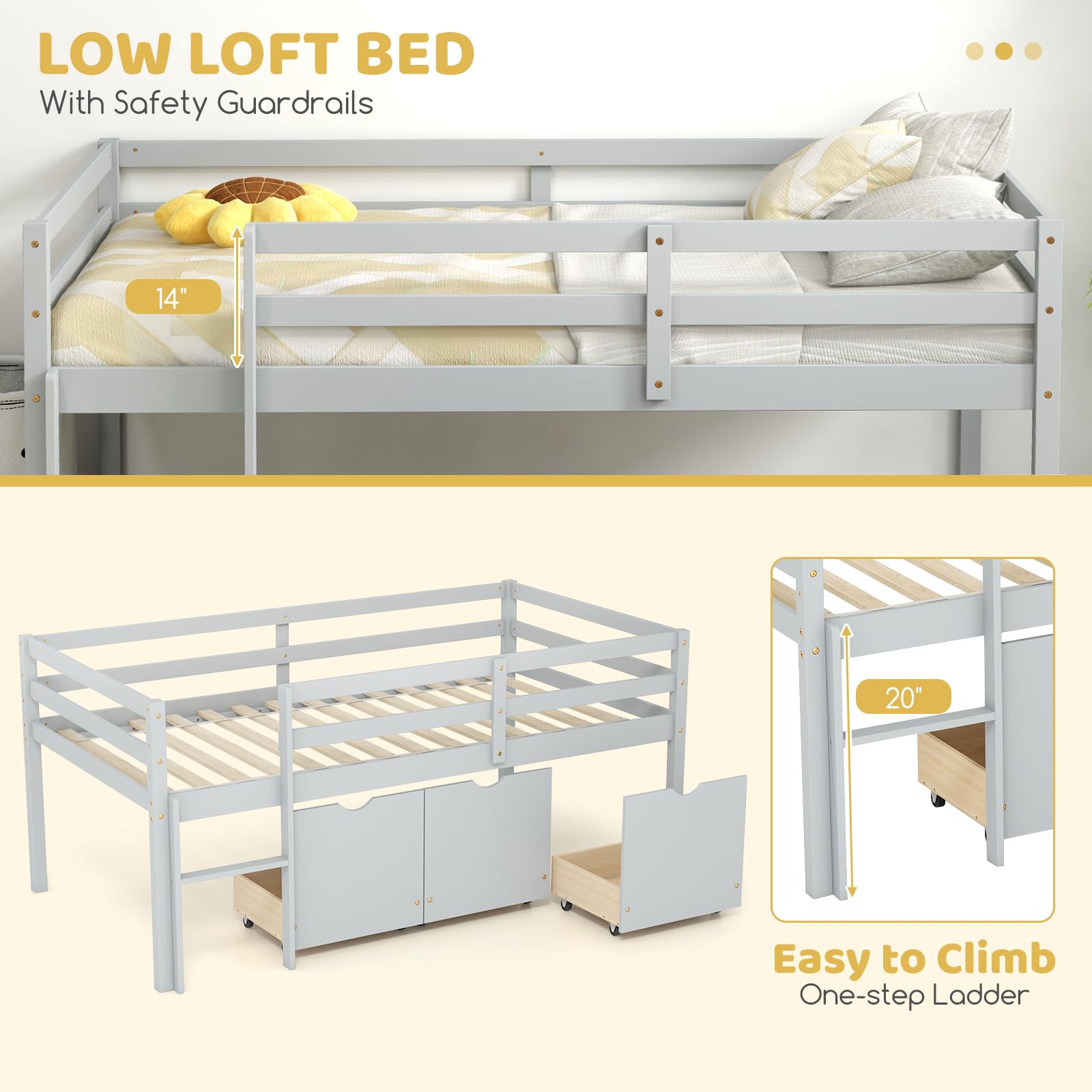 KOMFOTT Twin Low Loft Bed with 3 Storage Drawers