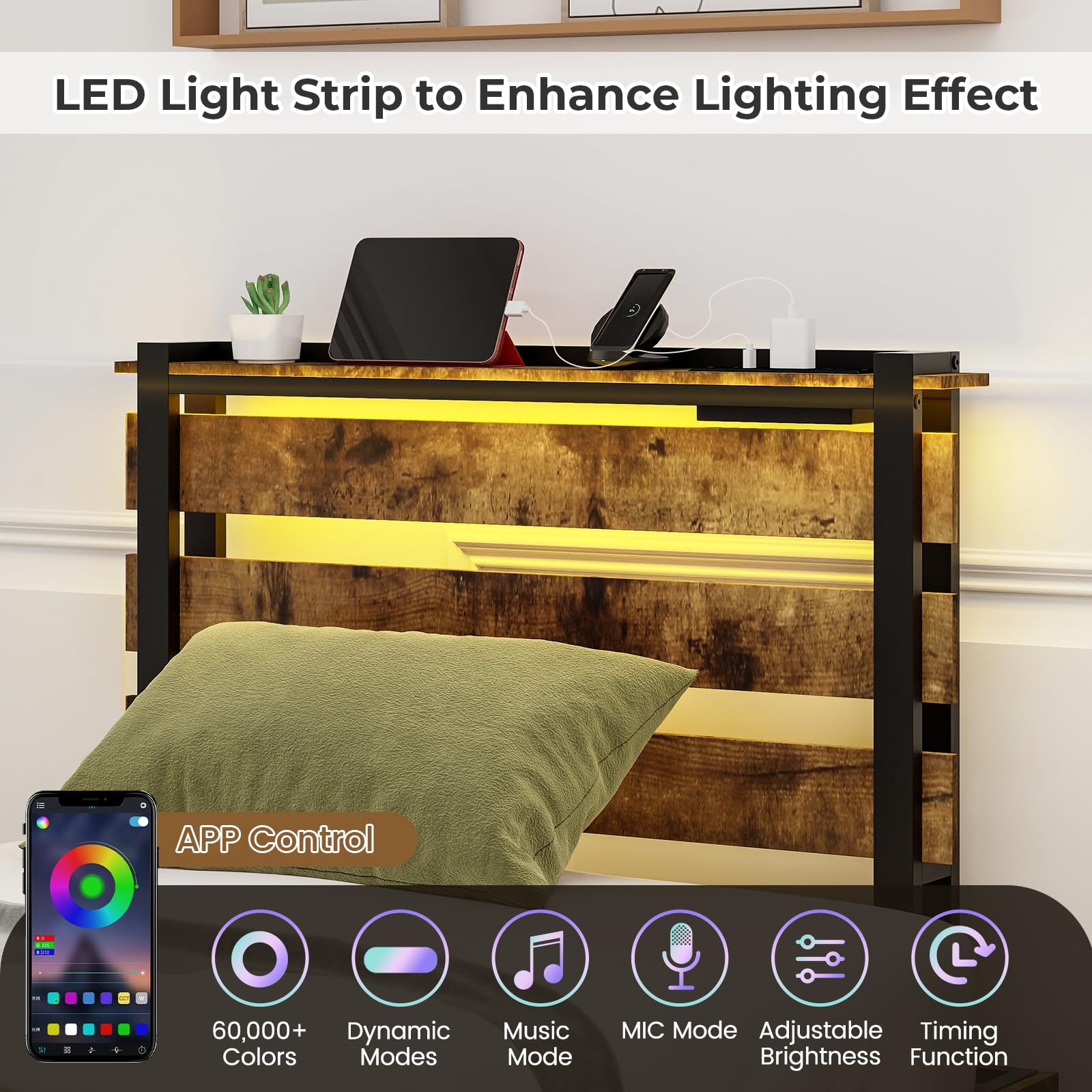 KOMFOTT Industrial Bed Frame with 4 Drawers & LED Lights Headboard