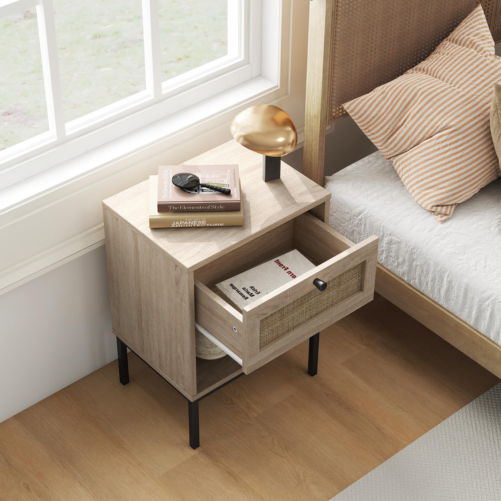 KOMFOTT Rattan Nightstand with Drawer & Open Storage Shelf
