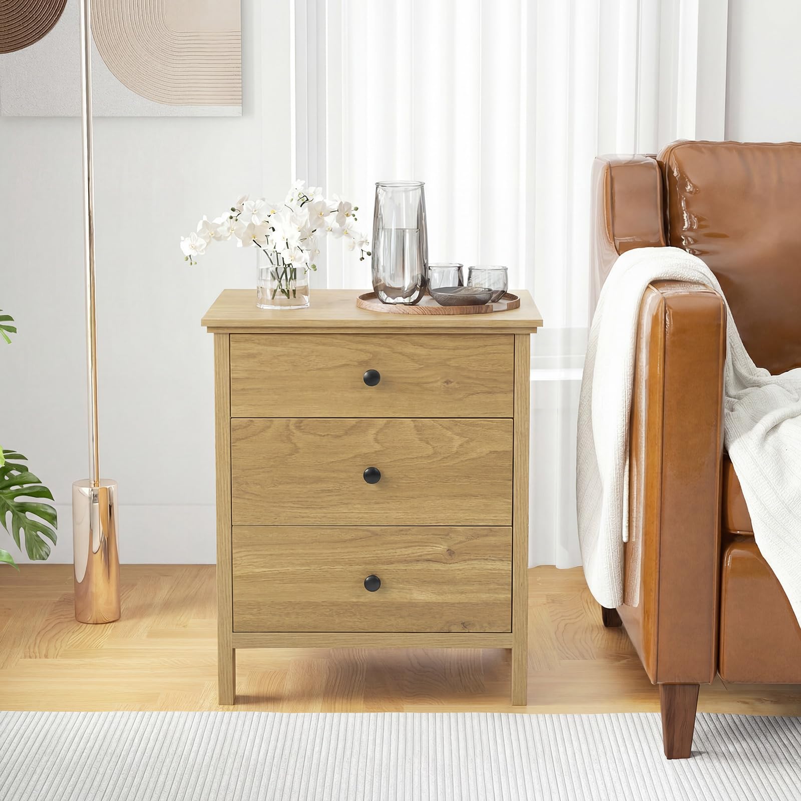 KOMFOTT 3 Drawers Nightstand Wooden Bedside Table with Ample Storage(1/2)