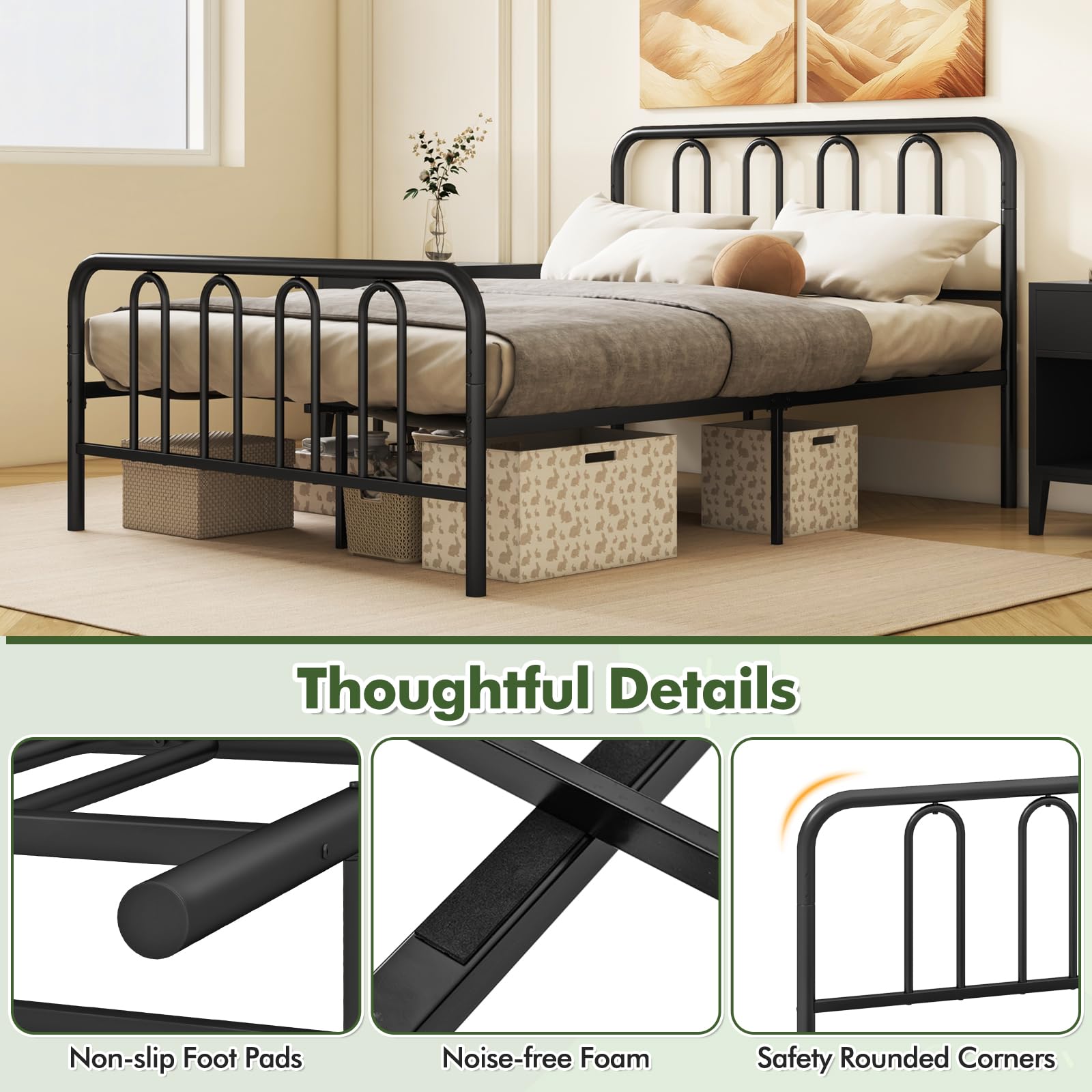 KOMFOTT Metal Platform Bed Frame with Headboard & Footboard