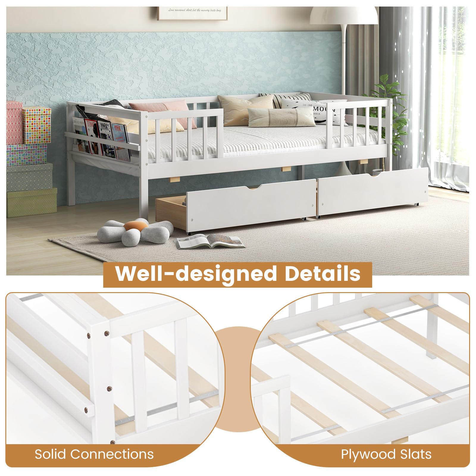 KOMFOTT Wood Twin Bed Frame with Fence Rails & 2 Pull-Out Drawers