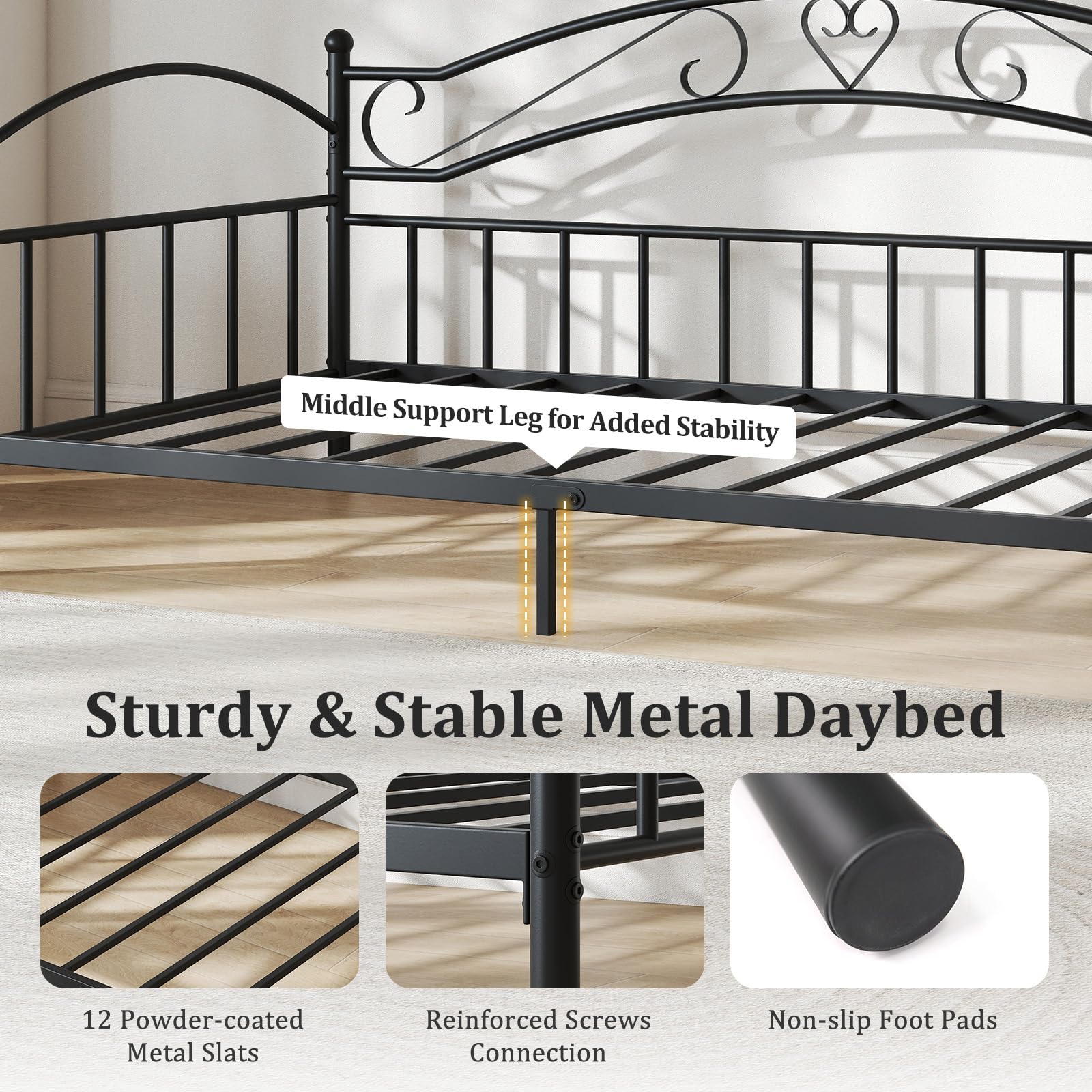 KOMFOTT Twin Size Metal Daybed Frame Sofa Bed with Headboard
