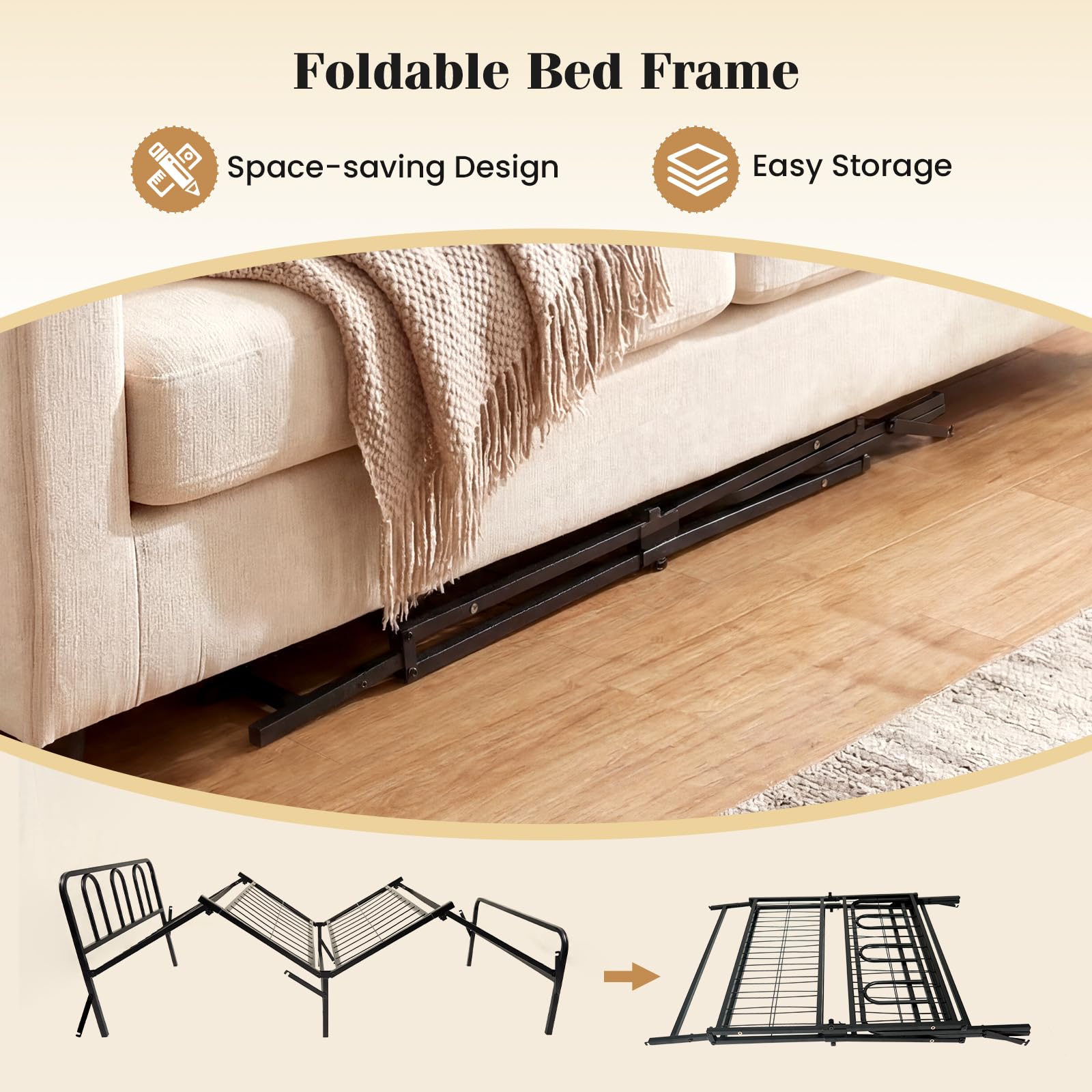 KOMFOTT Twin Foldable Bed Frame, Heavy Duty Metal Platform Bed