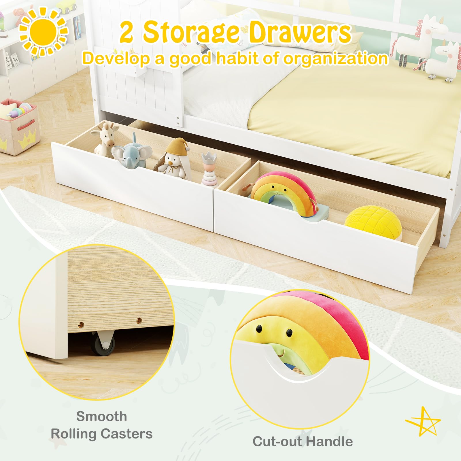 KOMFOTT Twin Size Wood House Bed with 2 Drawers(Twin with Drawers)