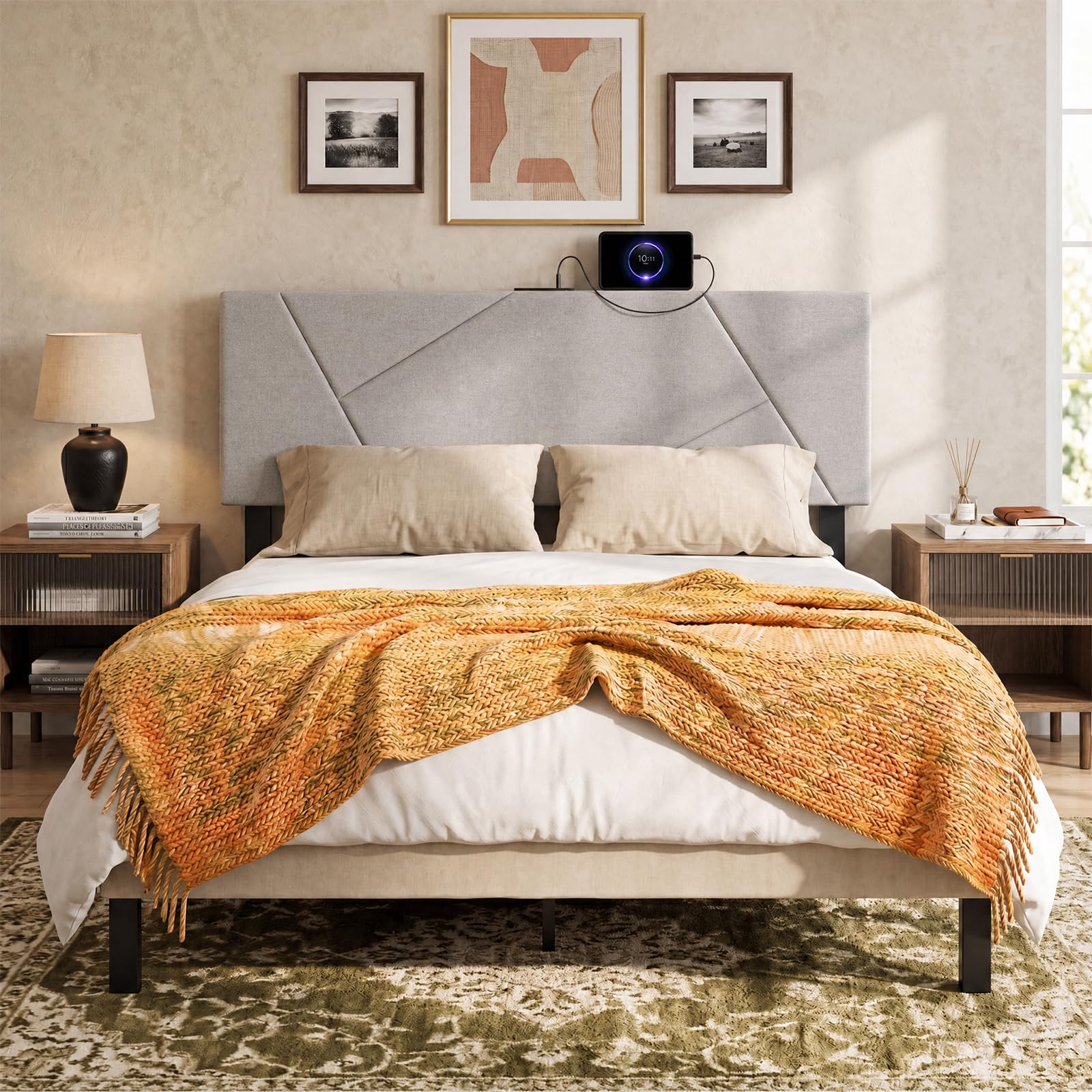 KOMFOTT Upholstered Full & Queen Headboard with Charging Station(Geometric Channel）