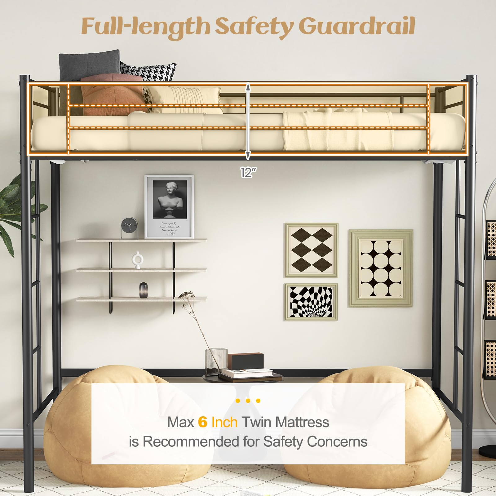 KOMFOTT Metal Loft Bed Frame Twin Size