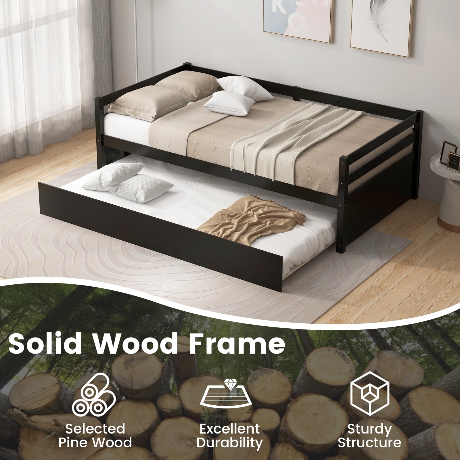 KOMFOTT Twin Daybed with Trundle Wood Trundle Bed with Wood Slat Support White