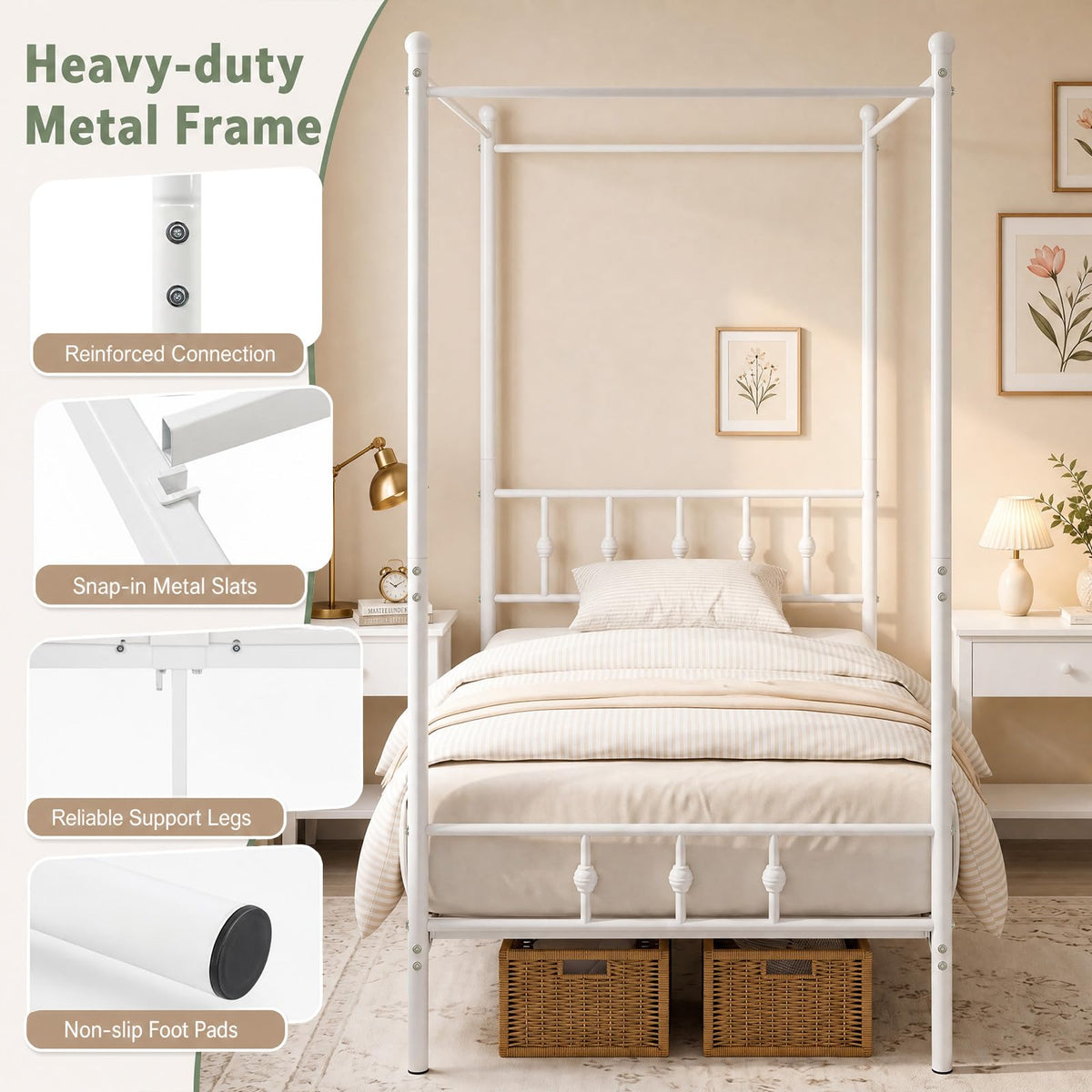 KOMFOTT Twin Canopy Bed Frame with Headboard and Footboard