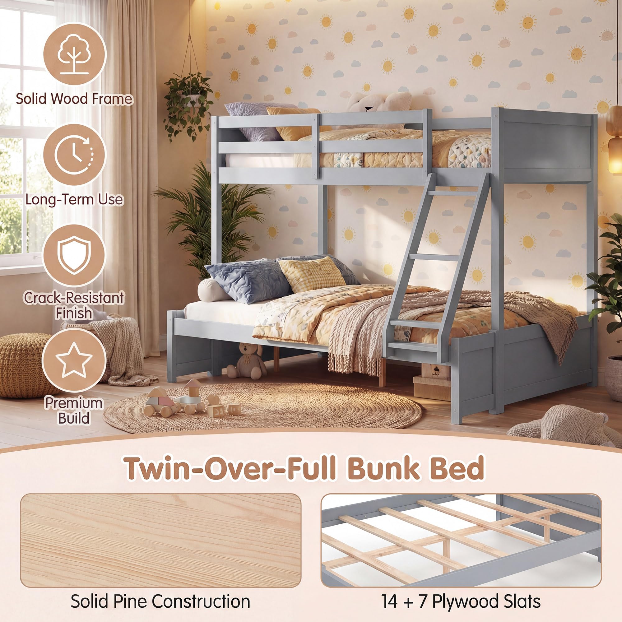 KOMFOTT Twin Over Full Bunk Bed with Full-Length Guardrails
