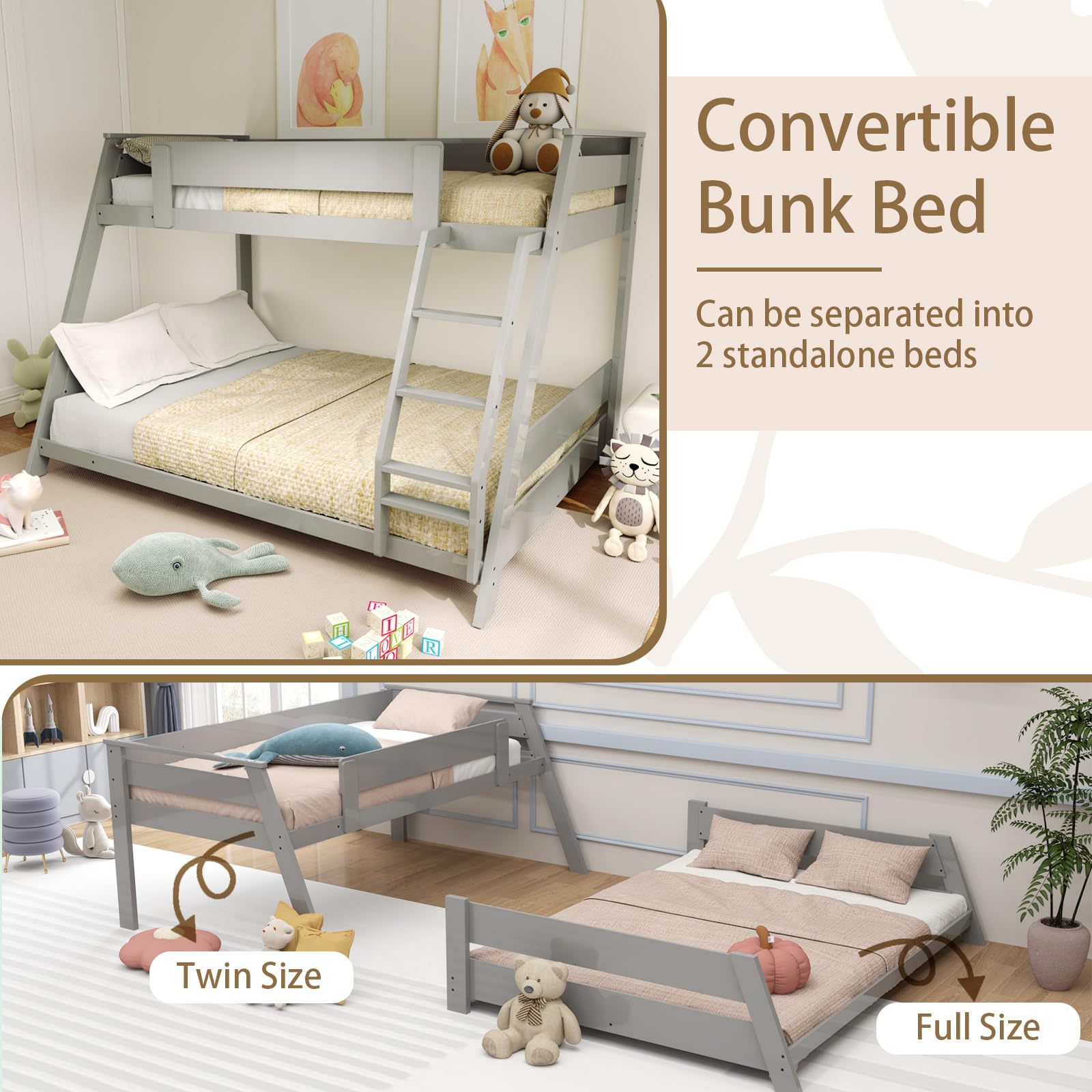 KOMFOTT Wood Twin Over Full Bunk Bed with Reversible Ladder