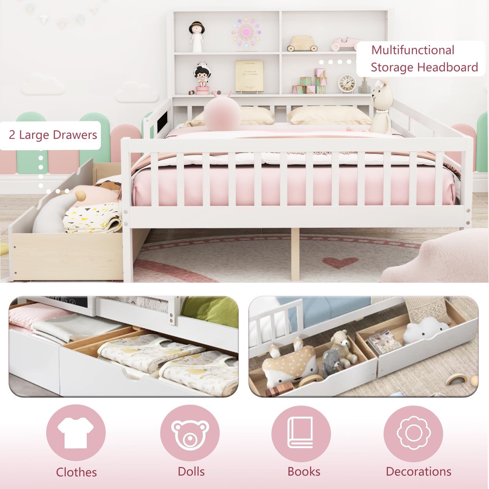 KOMFOTT Bed with Rails & 2 Storage Drawers