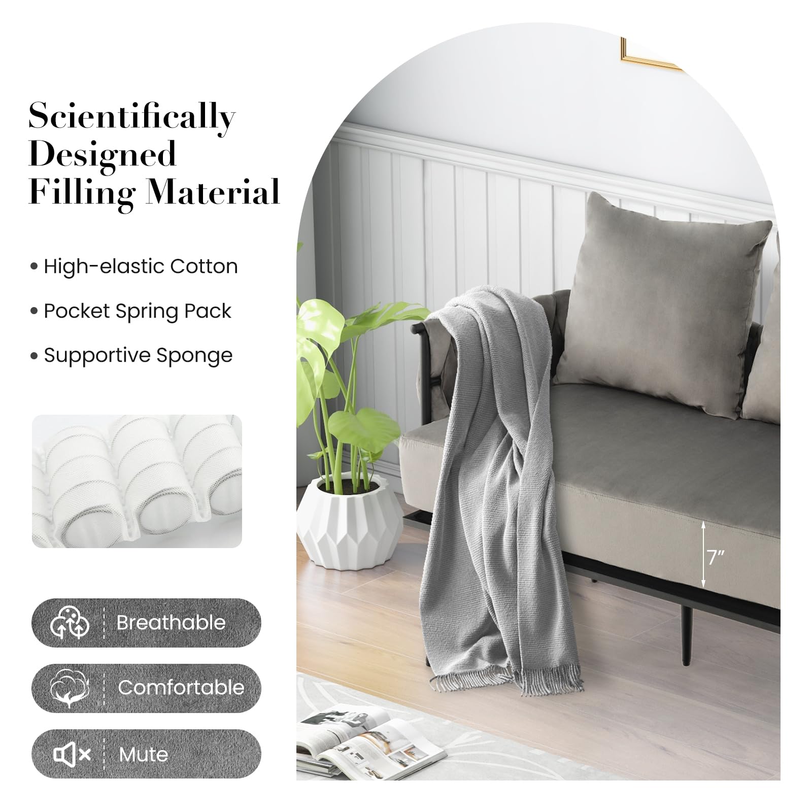 KOMFOTT 43” Loveseat Sofa, Modern Upholstered 2-Seat Sofa with 2 Back Pillows, Woven Backrest & Armrest