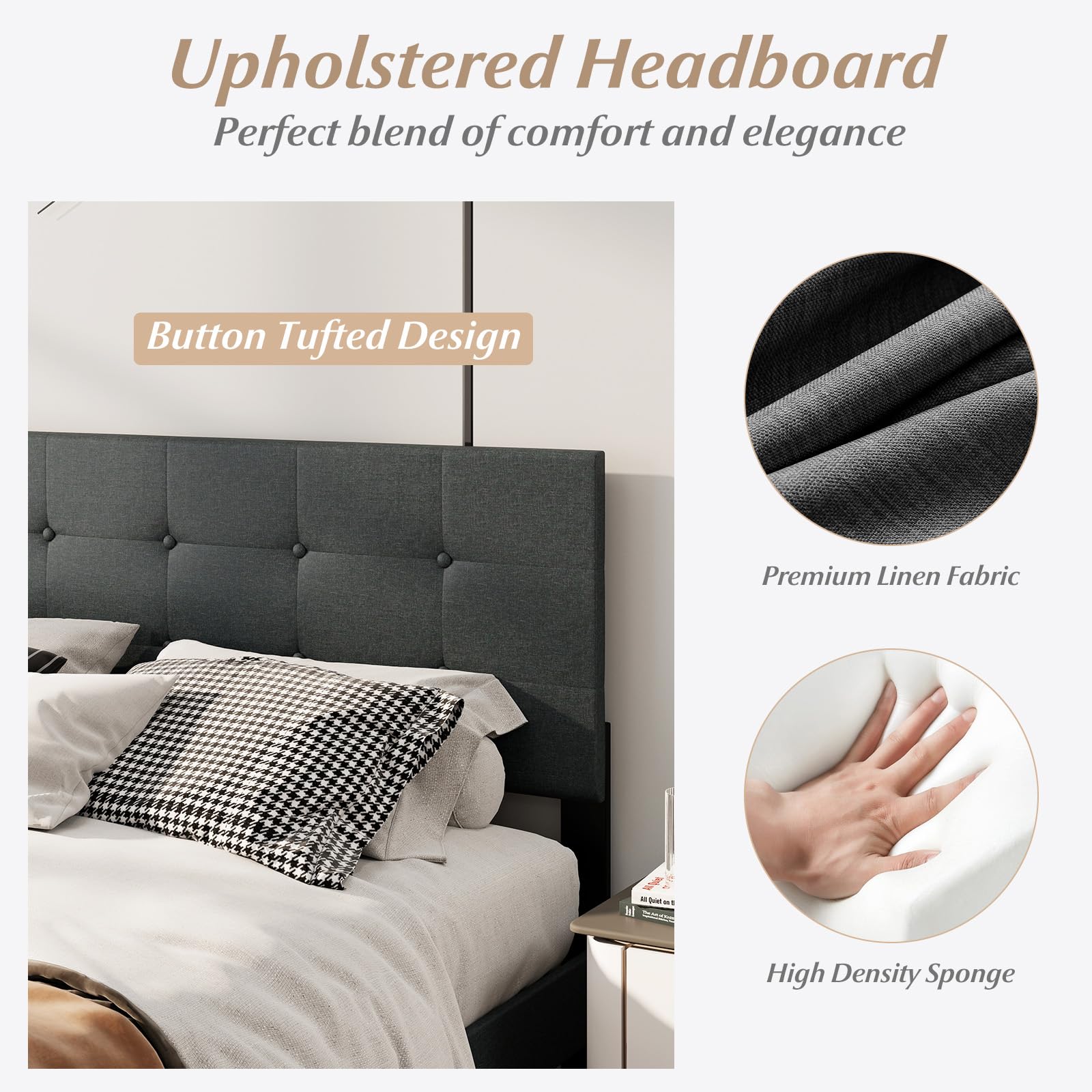 KOMFOTT Queen Size Linen Upholstered Bed Frame with Tufted Headboard