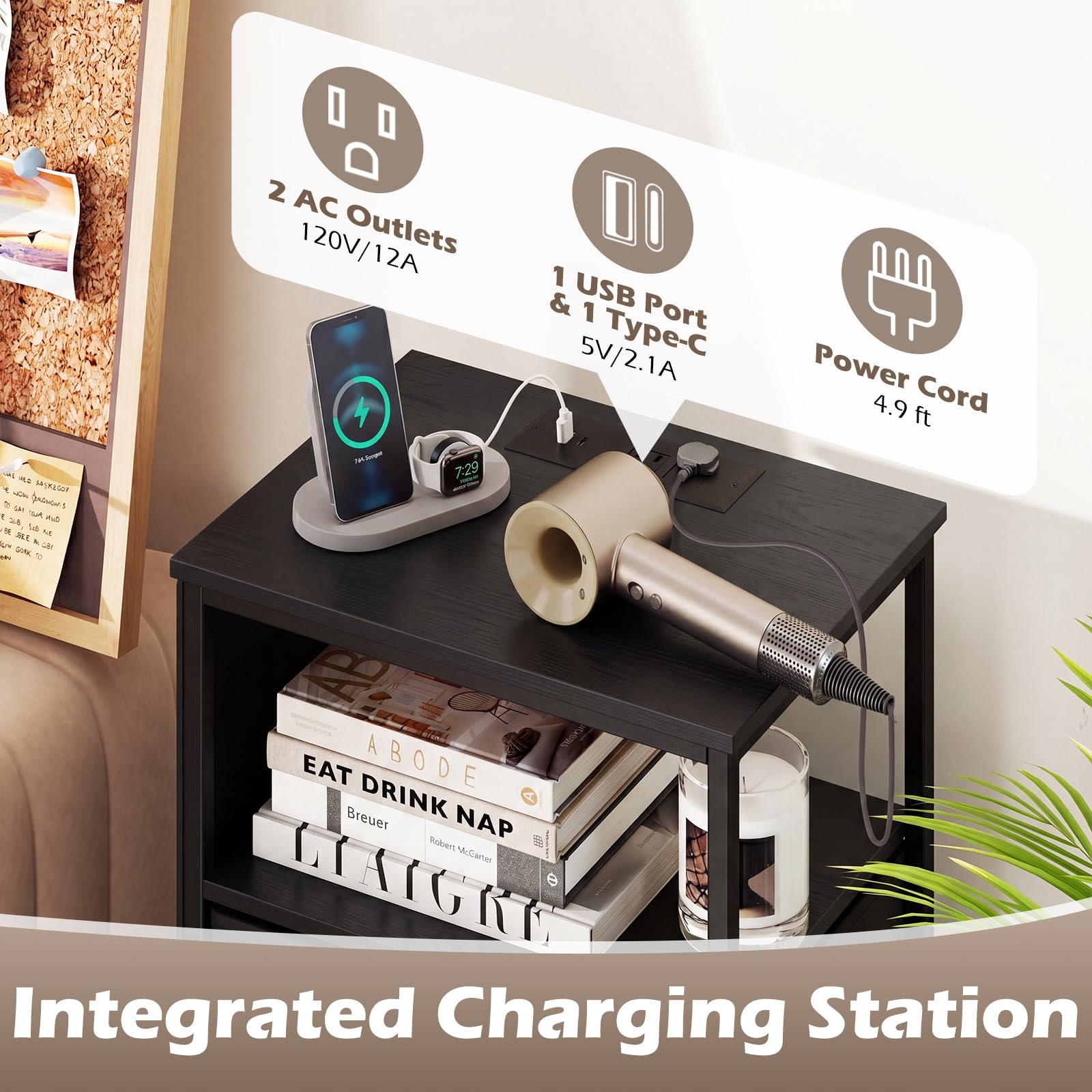 KOMFOTT 1/2 Nightstand with Integrated Charging Station 39" Tall Modern End Table(5 Drawers)