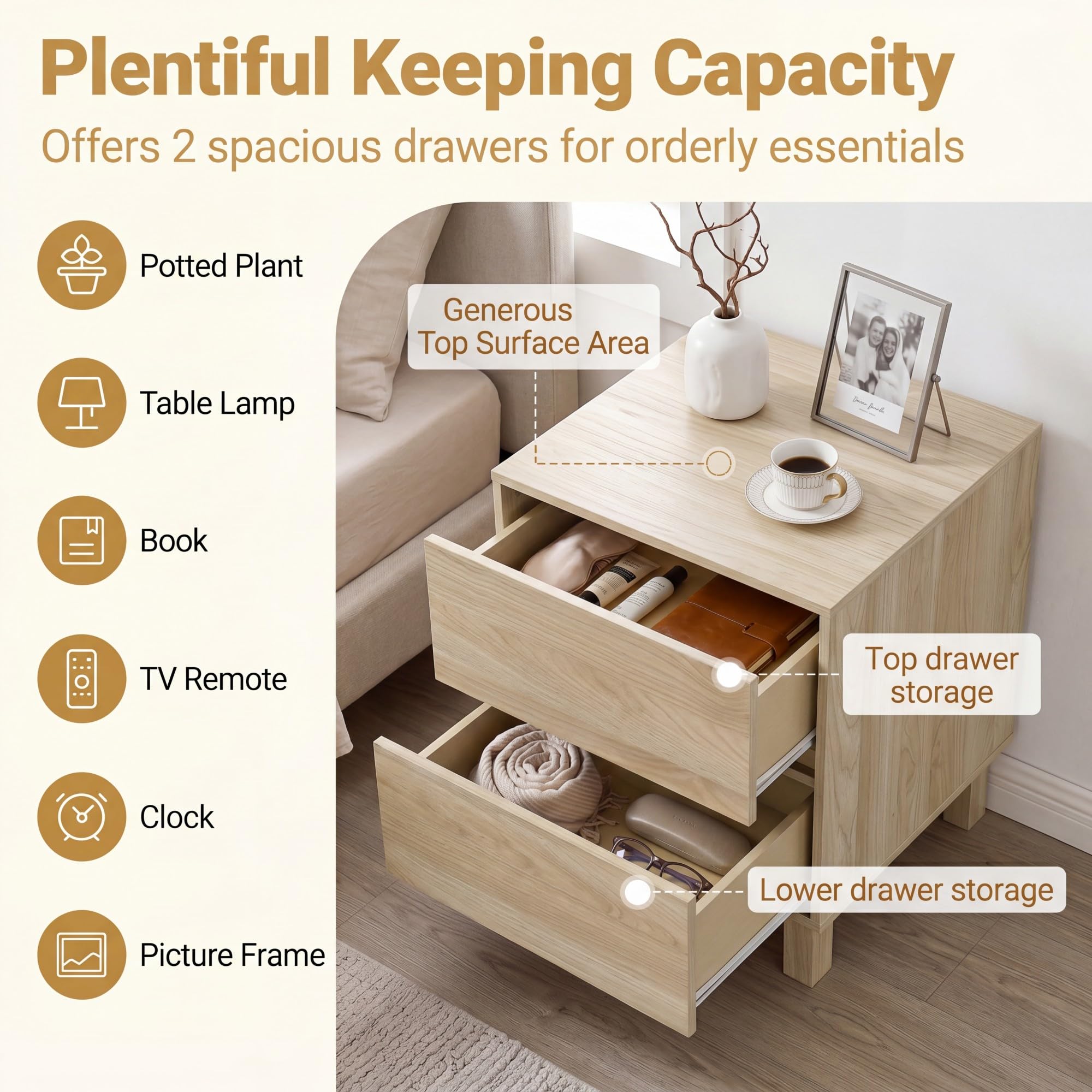 KOMFOTT Wood Nightstand with 2 Storage Drawers(1/2)