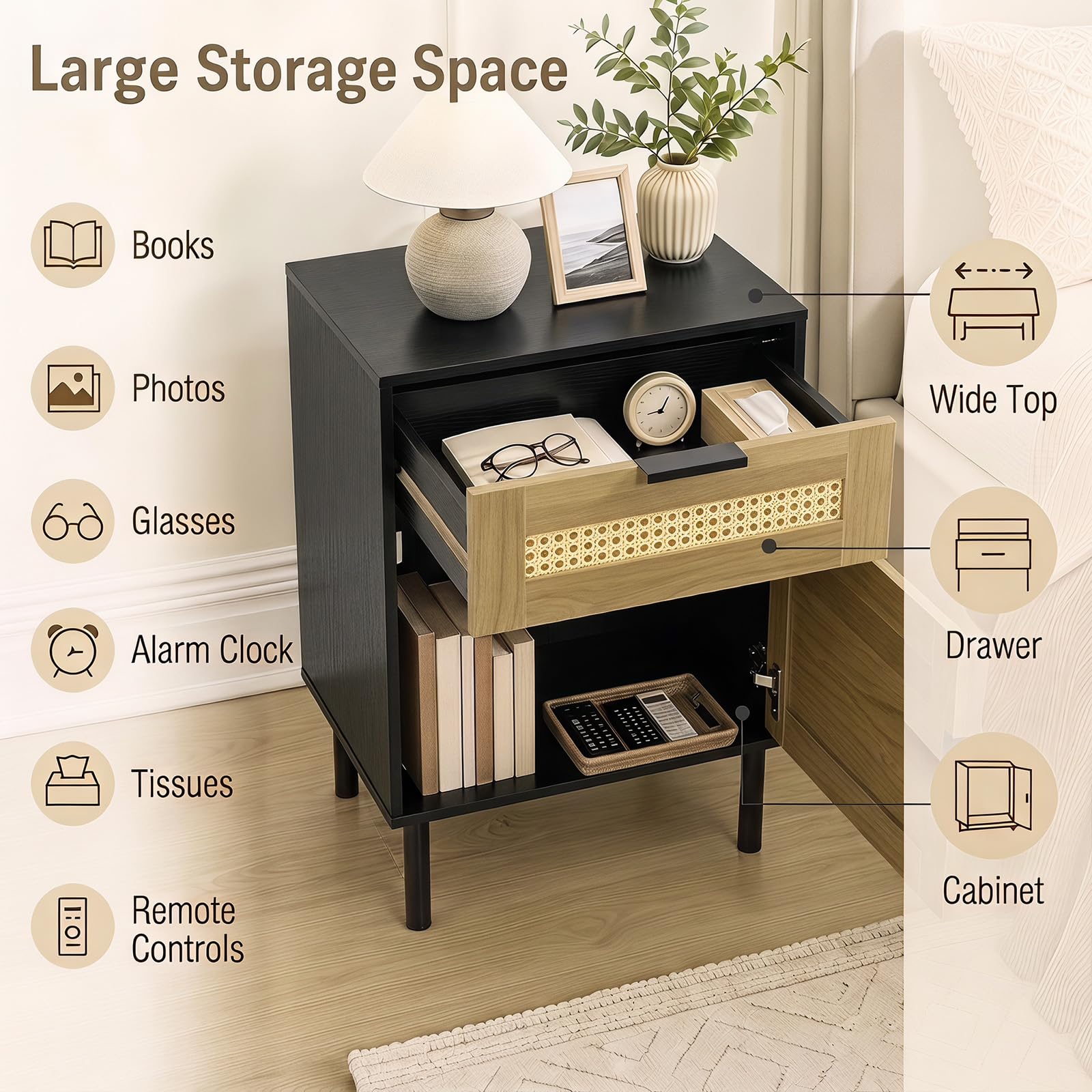 KOMFOTT Set of 2 Rattan Nightstand w/Drawer & Storage Cabinet