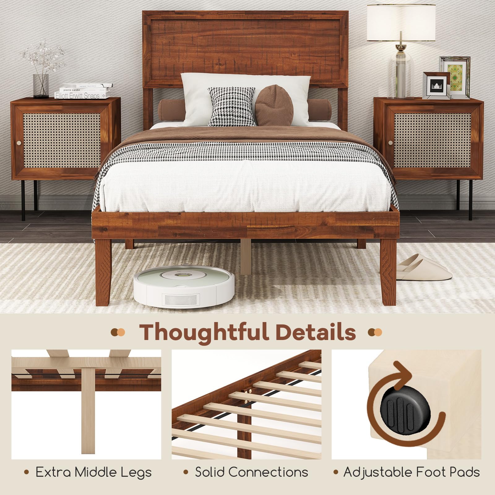 KOMFOTT Retro Wood Bed Frame with Headboard