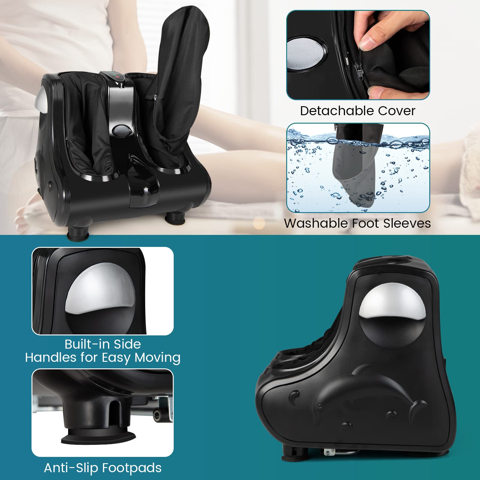 KOMFOTT Foot and Calf Massager, Shiatsu Foot Massager Machine w/Heating, Kneading, Vibration, Rolling, Adjustable Speed & Tilt Base