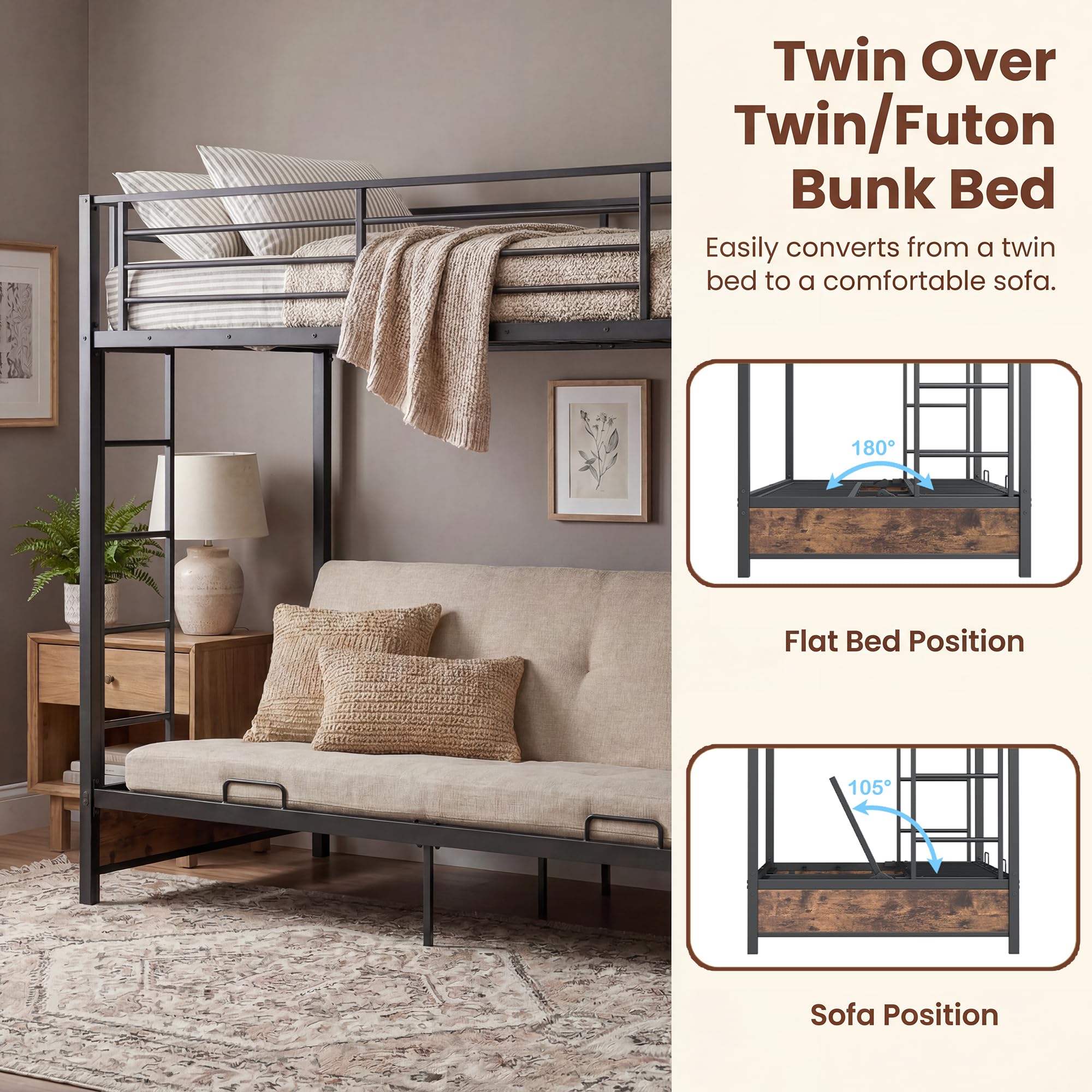 KOMFOTT Metal Twin Over Futon Bunk Bed