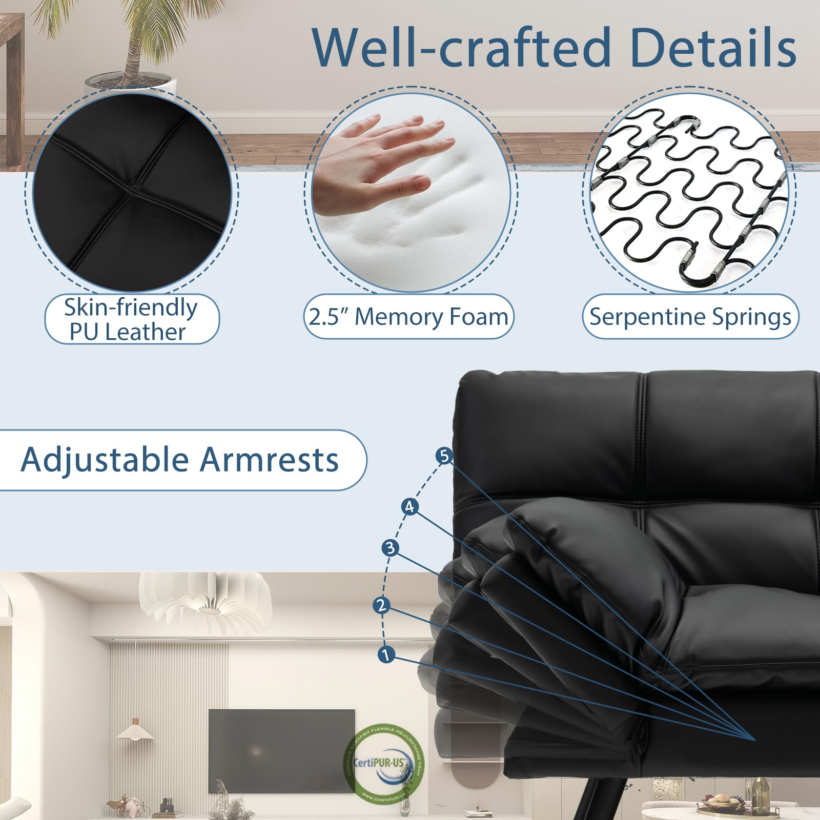 KOMFOTT Futon Sofa Bed, Faux Leather Memory Foam Convertible Futon Couch with Adjustable Backrest & Armrests