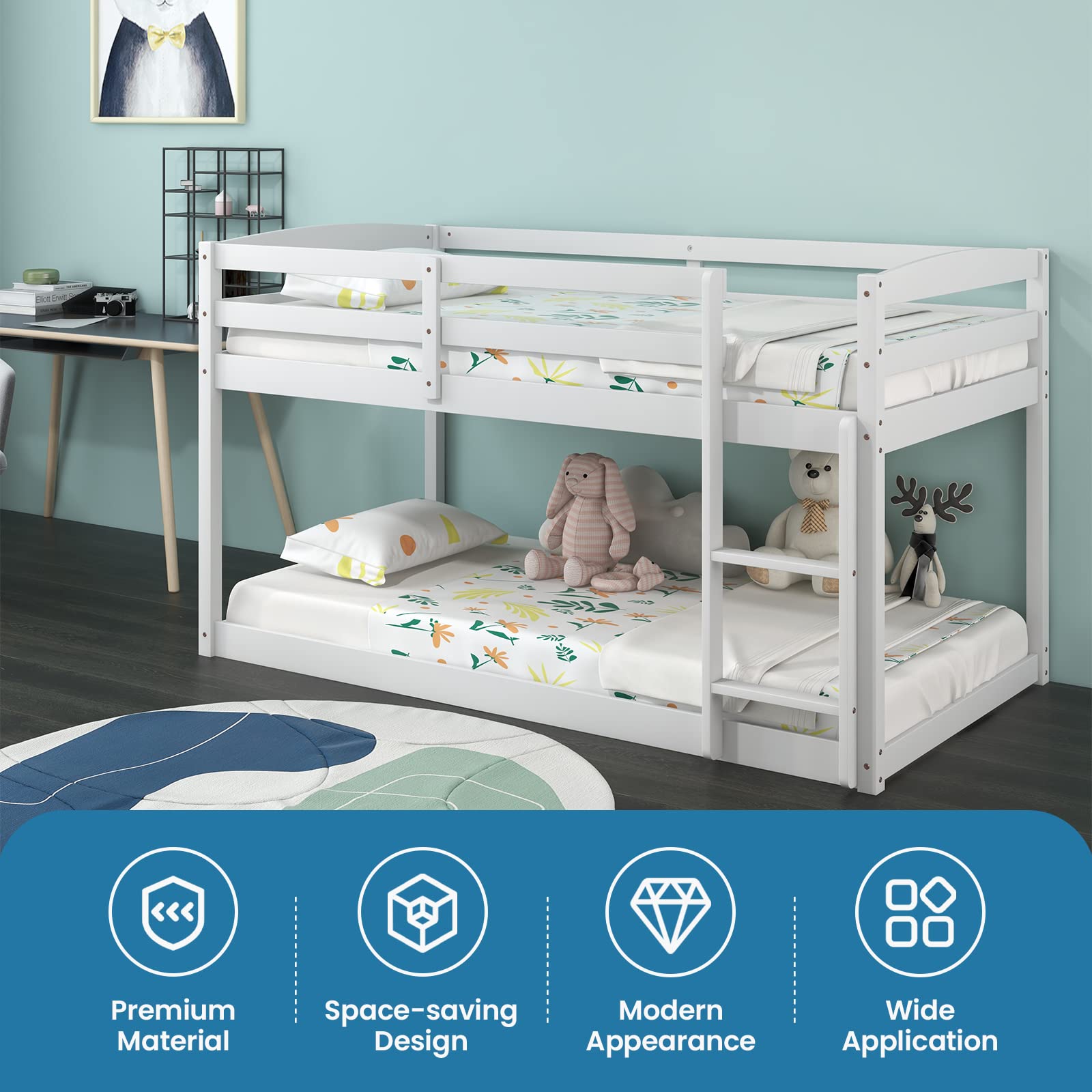 KOMFOTT Twin Over Twin Solid Wood  Low Bunk Bed with Built-in Ladder & Safety Guardrails
