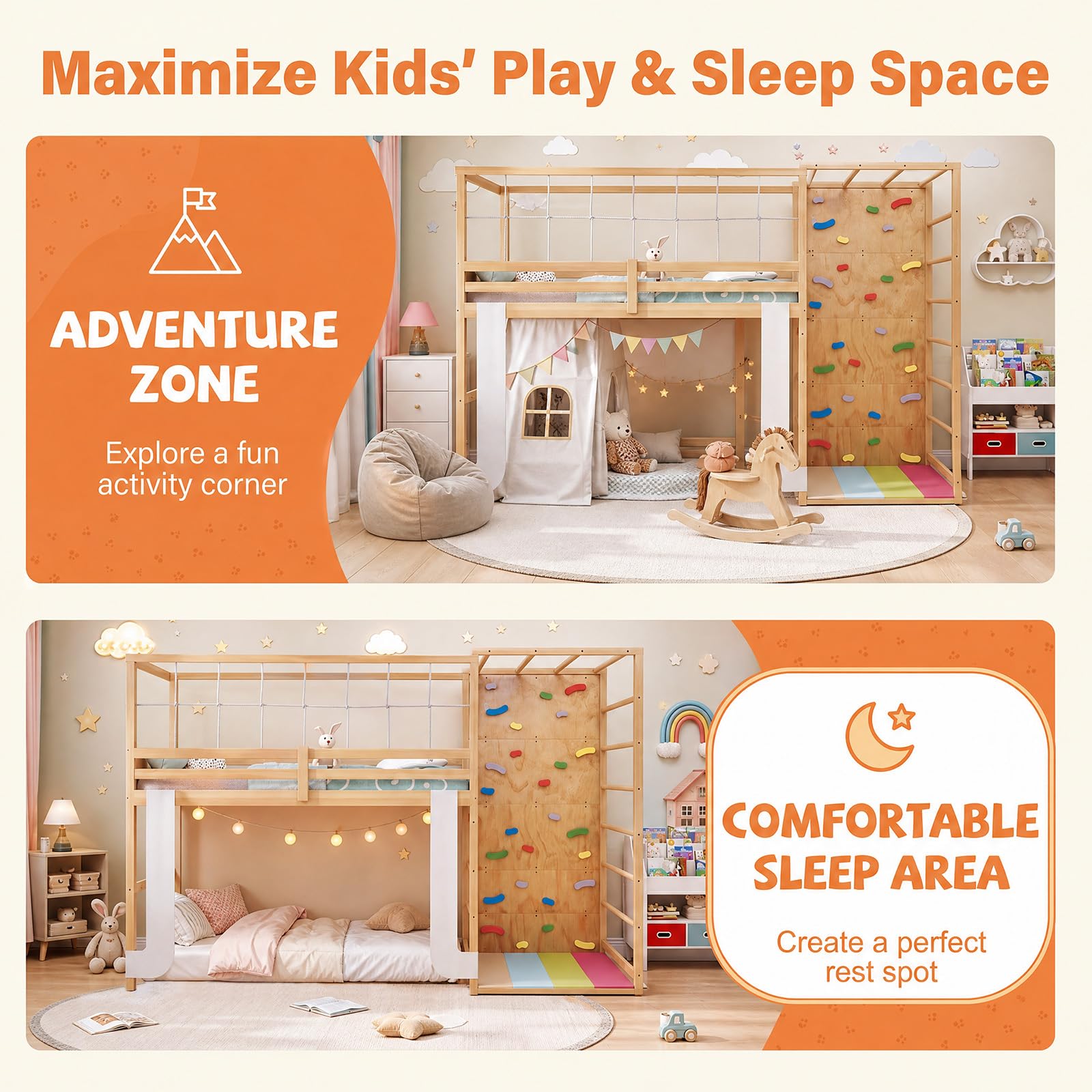 KOMFOTT Twin Bunk Bed with Jungle Gym Kids Loft Bed with Rock Wall