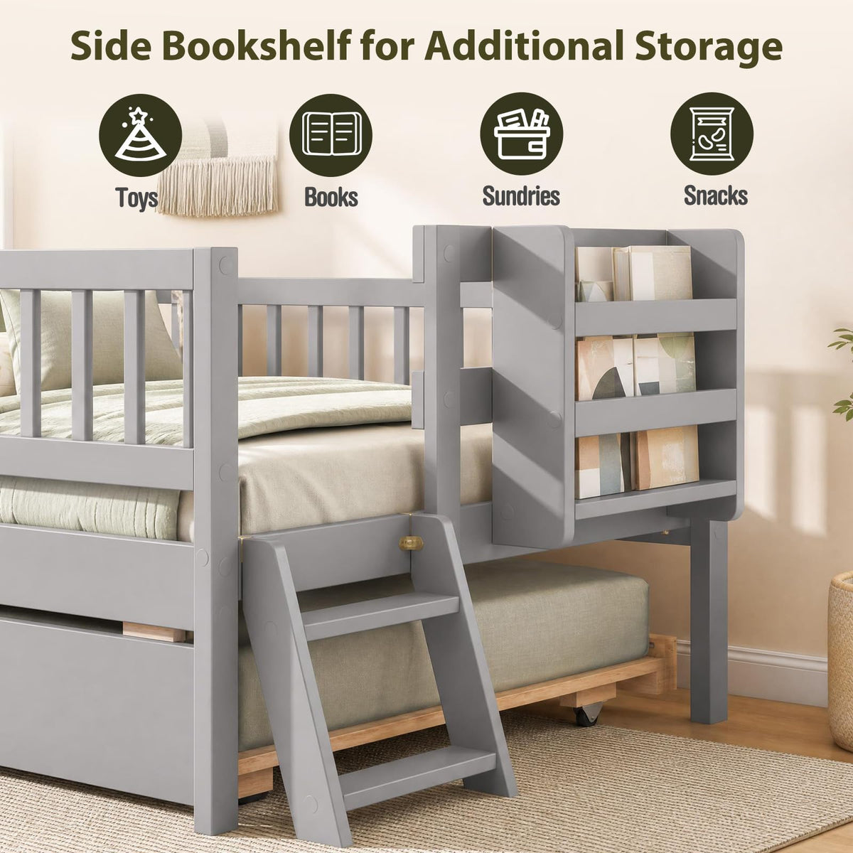 KOMFOTT Twin Bed Frame with Trundle & Bookshelf(with Trundle)