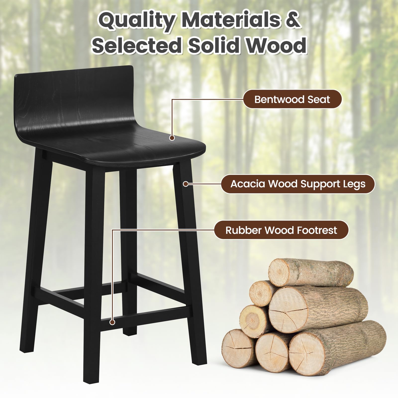 KOMFOTT Solid Wood Bar Stools Set of 2/4, Counter Height Chairs with Low Back and Footrest