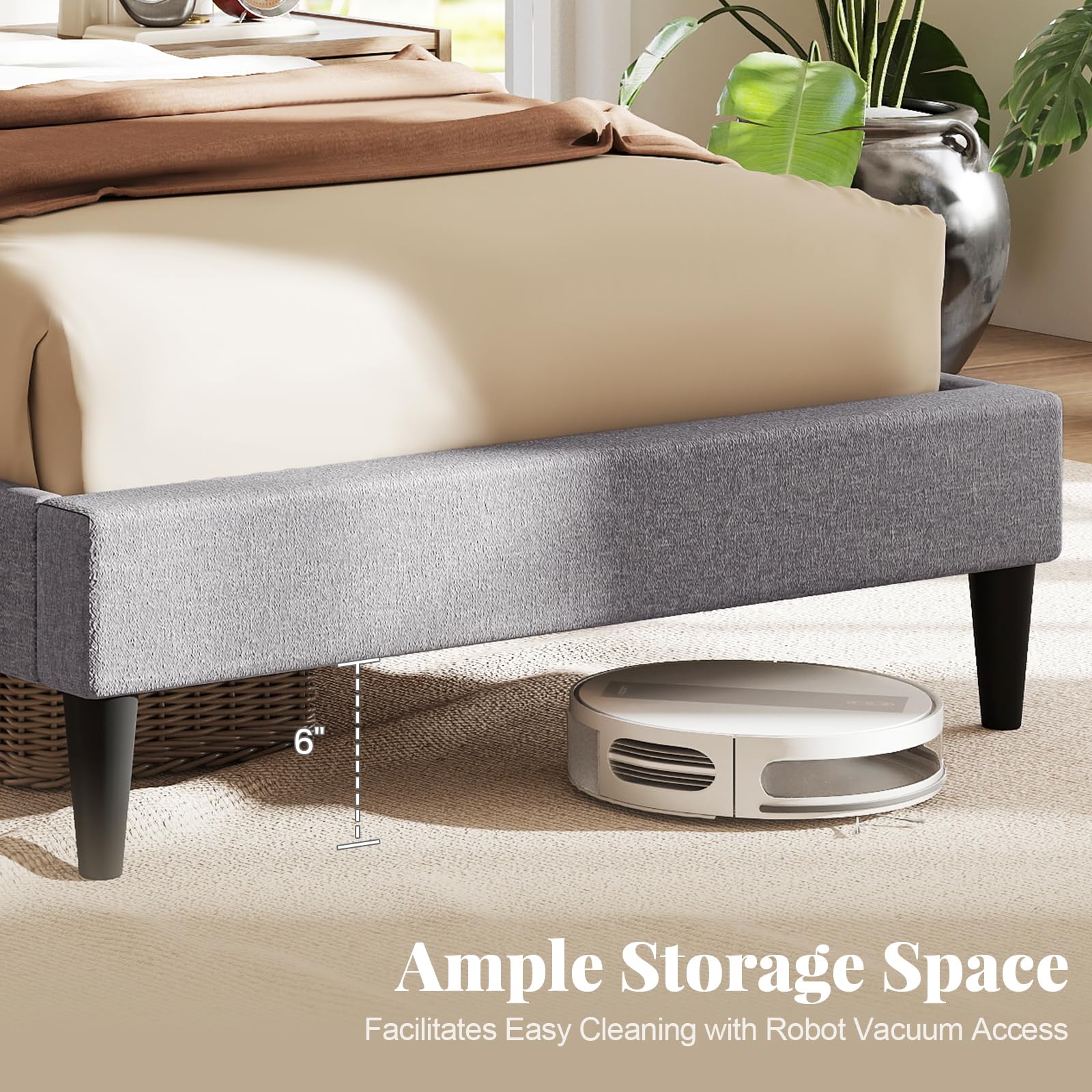 KOMFOTT Upholstered Bed Frame with Linen Fabric Headboard