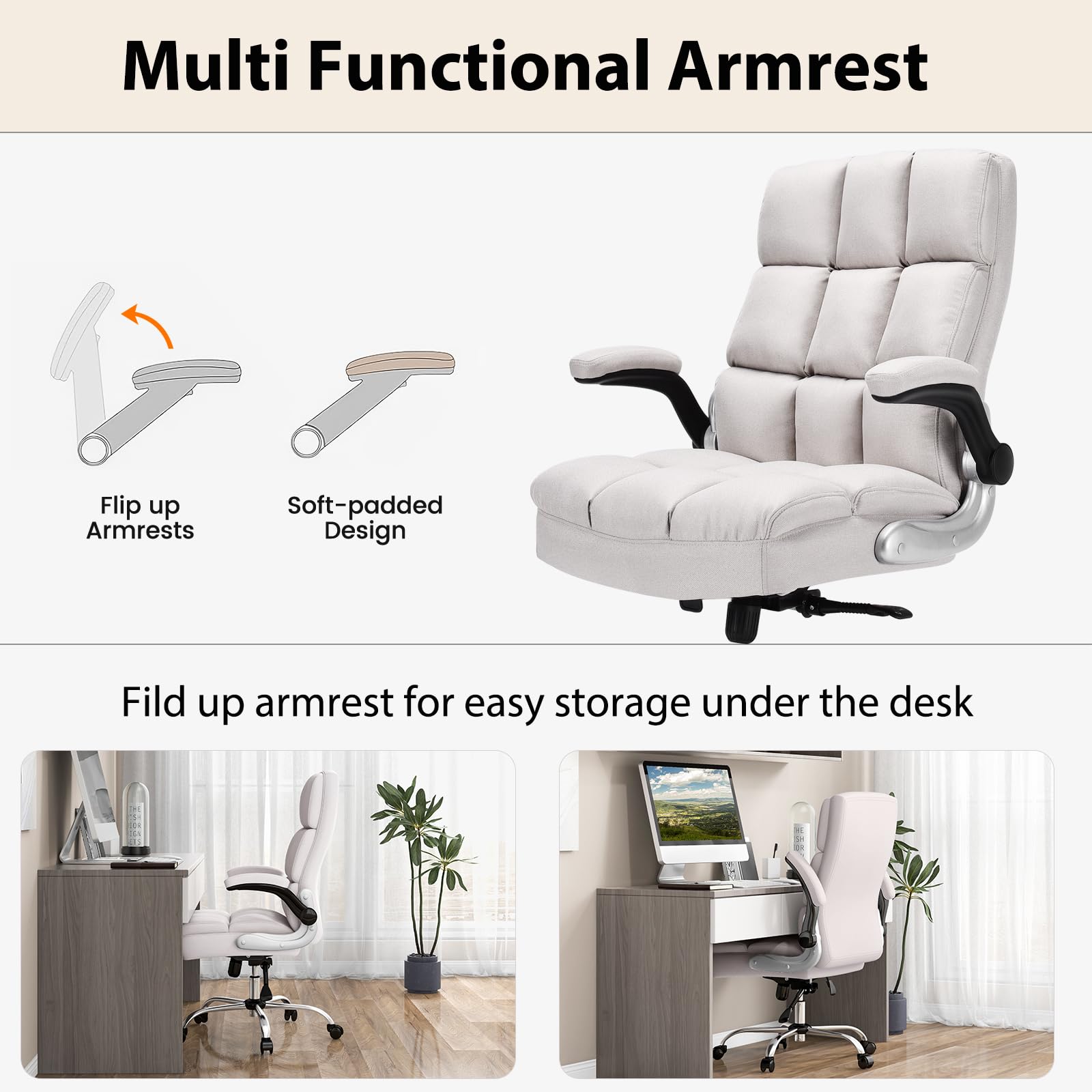 KOMFOTT Executive Office Chair, Adjustable Tilt Angle and Flip-up Armrest Linen Fabric Upholstered Chair with Thick Padding