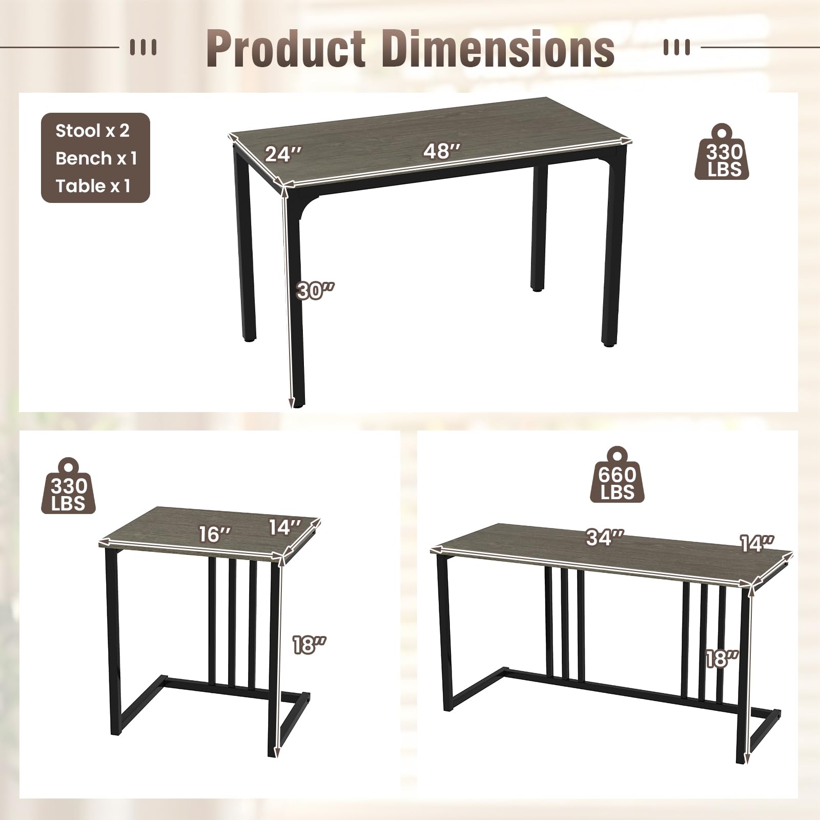 KOMFOTT 4 Piece Dining Table Set for 4 with Bench & 2 Stools, Space-Saving Desk Set