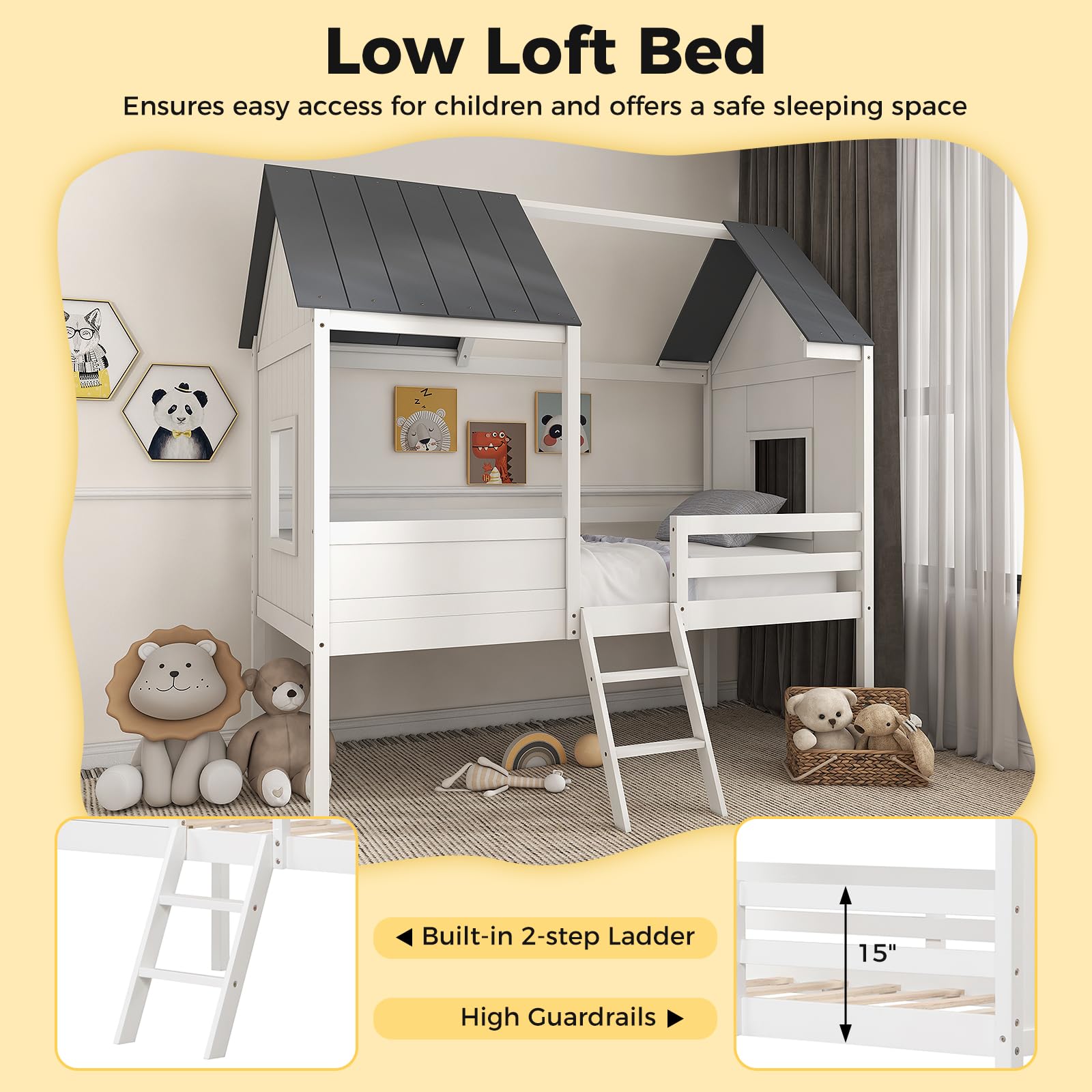 KOMFOTT Twin House Bed Wood Kid’s Low Loft Bed Frame