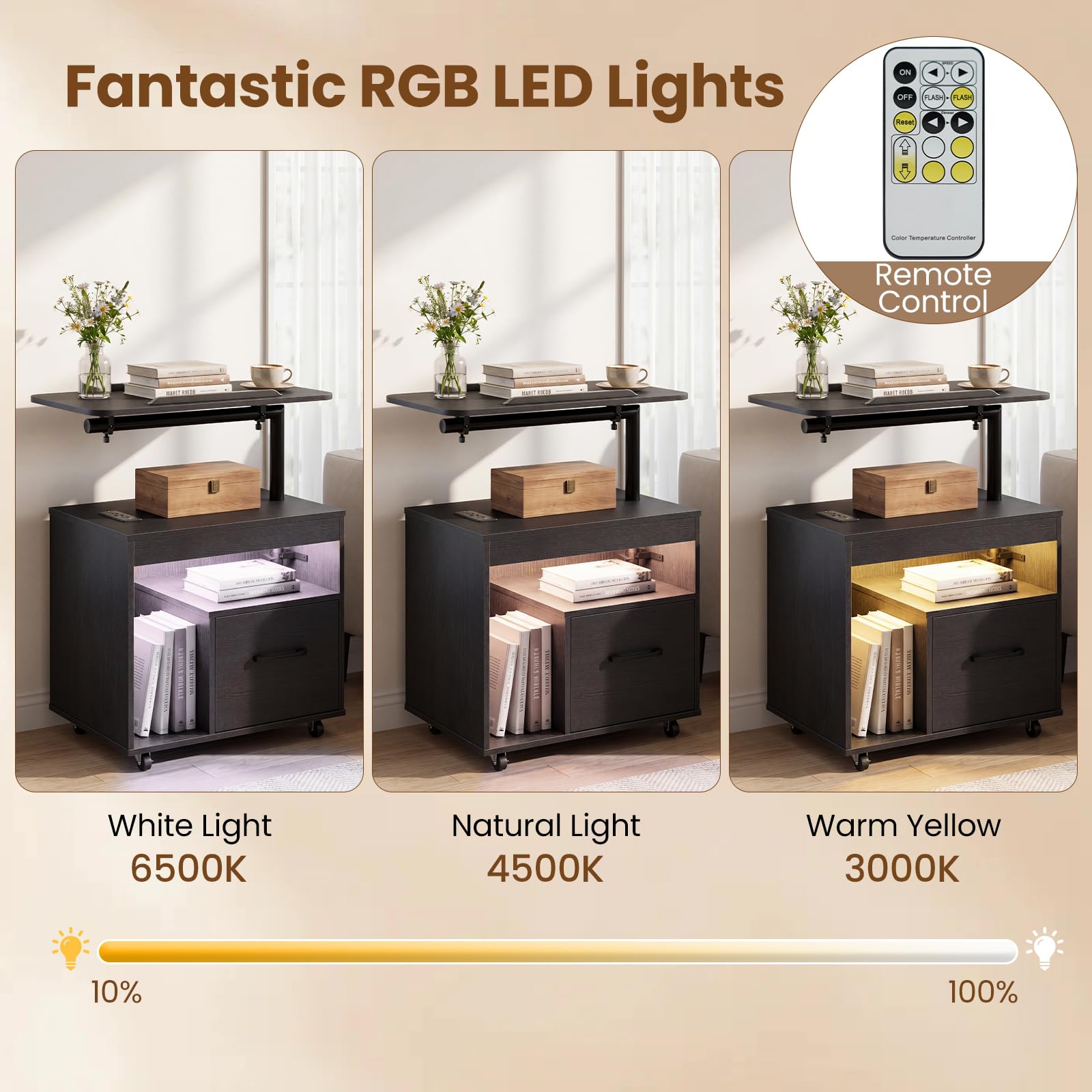 KOMFOTT LED Nightstand with Charging Station Modern Bedside Table(23.5" x 16" x 29.5")