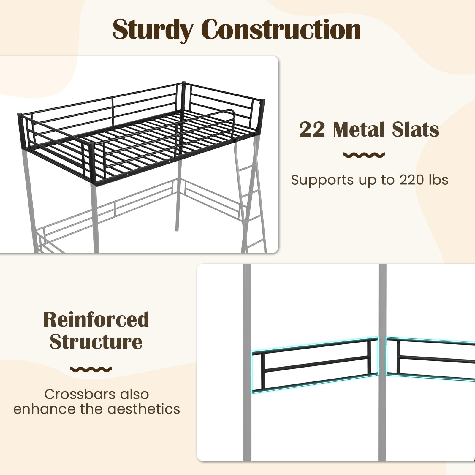 KOMFOTT Twin Size Loft Bed, Metal Loft Bed Frame with Ladder & Safety Guardrail