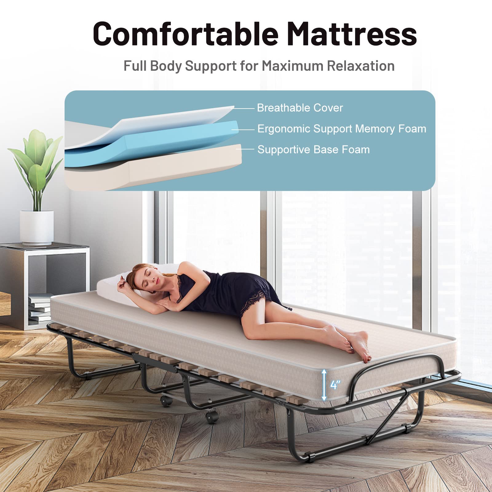KOMFOTT Folding Rollaway Bed with 4 Inch Mattress