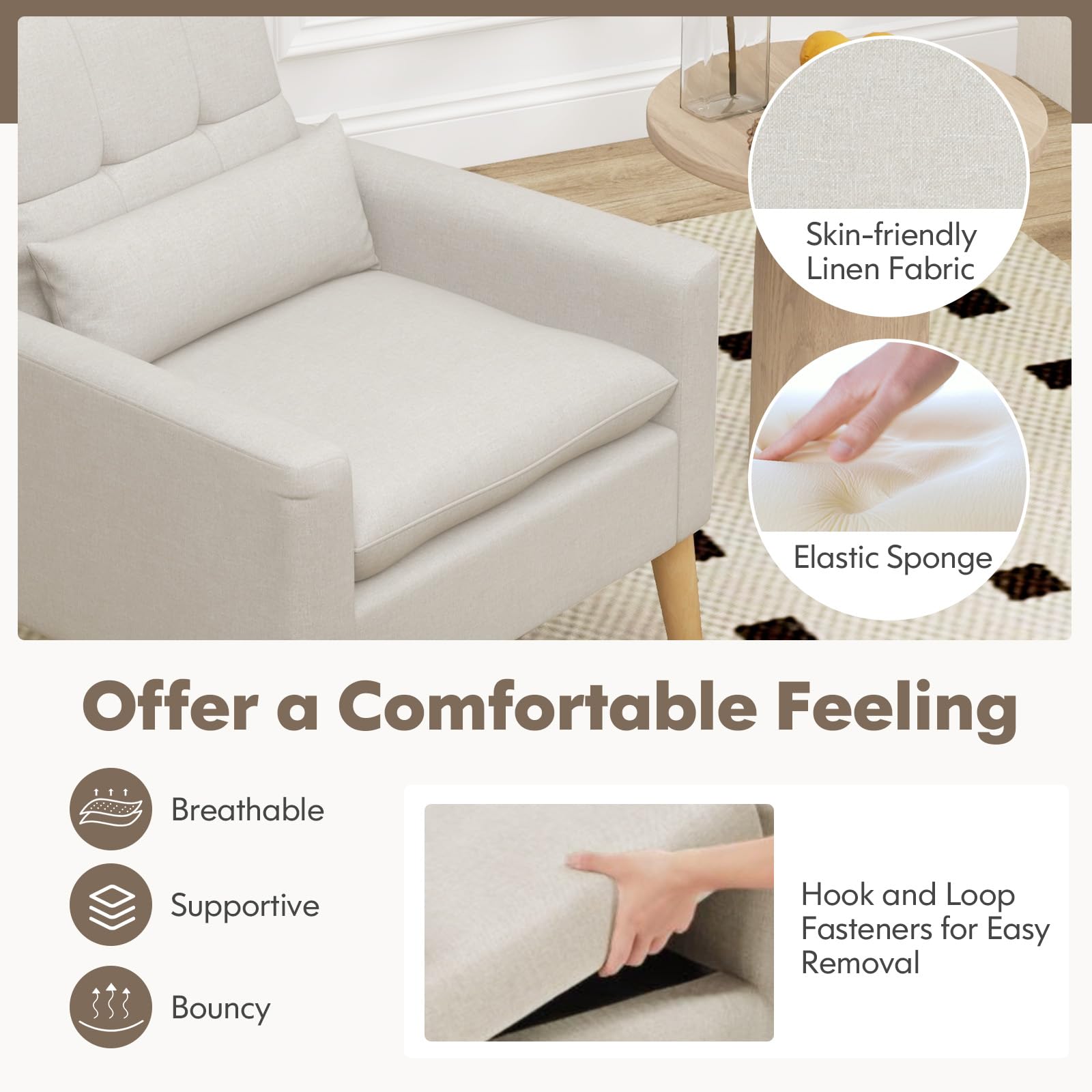 KOMFOTT Modern Linen Accent Chair, Upholstered Tufted Armchair with Lumbar Pillow, Rubber Wood Legs, Padded Cushion