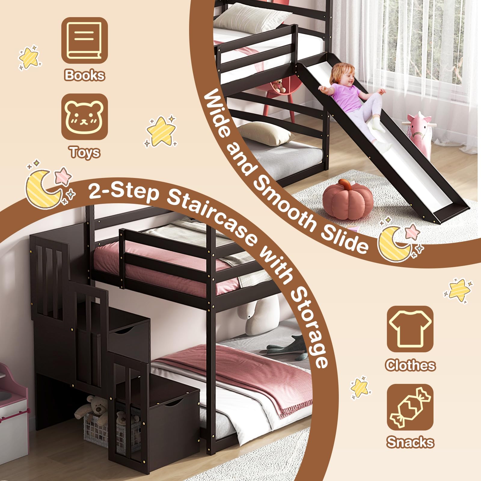 KOMFOTT Wood Twin Over Twin House Bunk Bed with Slide & Storage Staircase