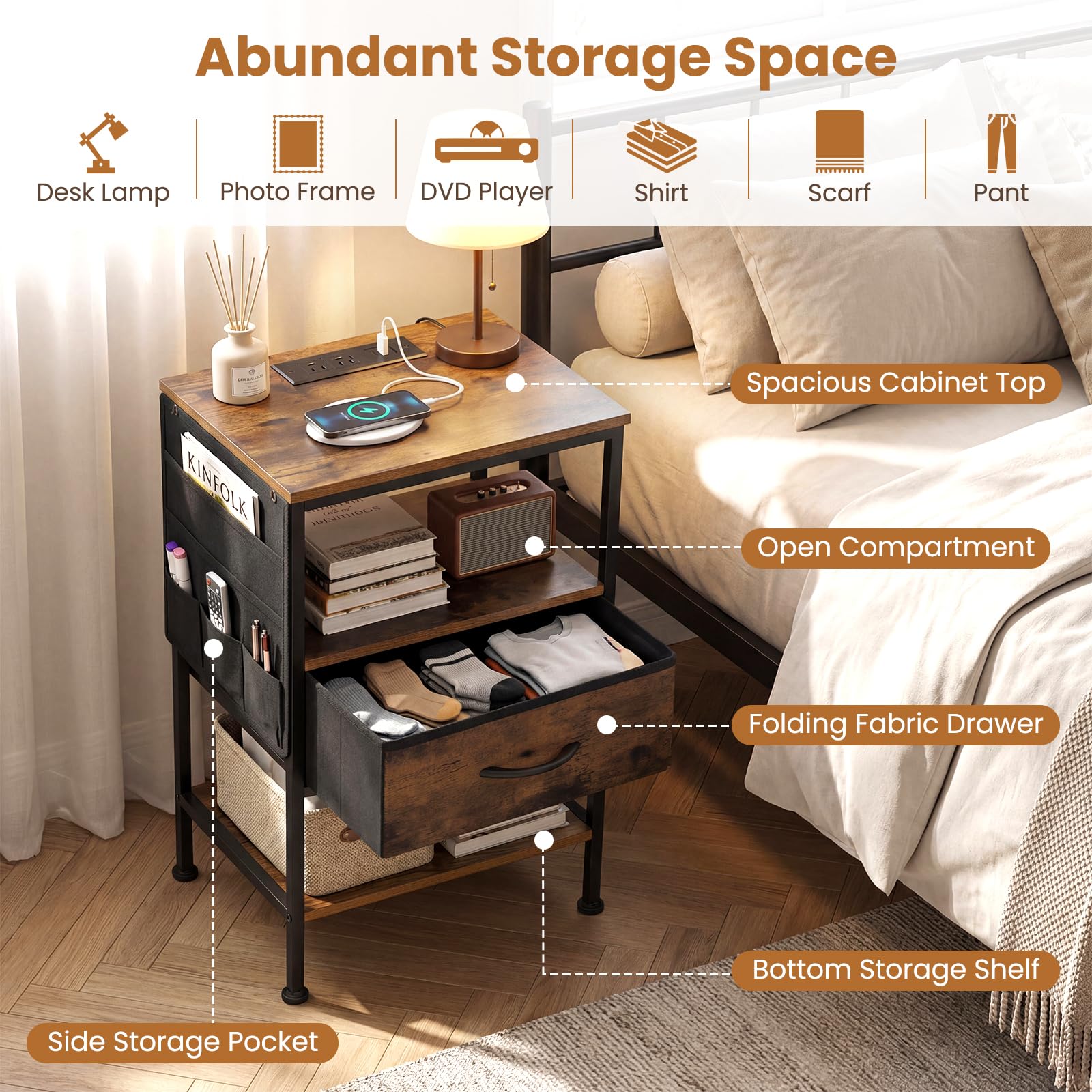 KOMFOTT 1/2 Nightstand with Charging Station 24.5" Modern Bedside Table(1 Drawer)
