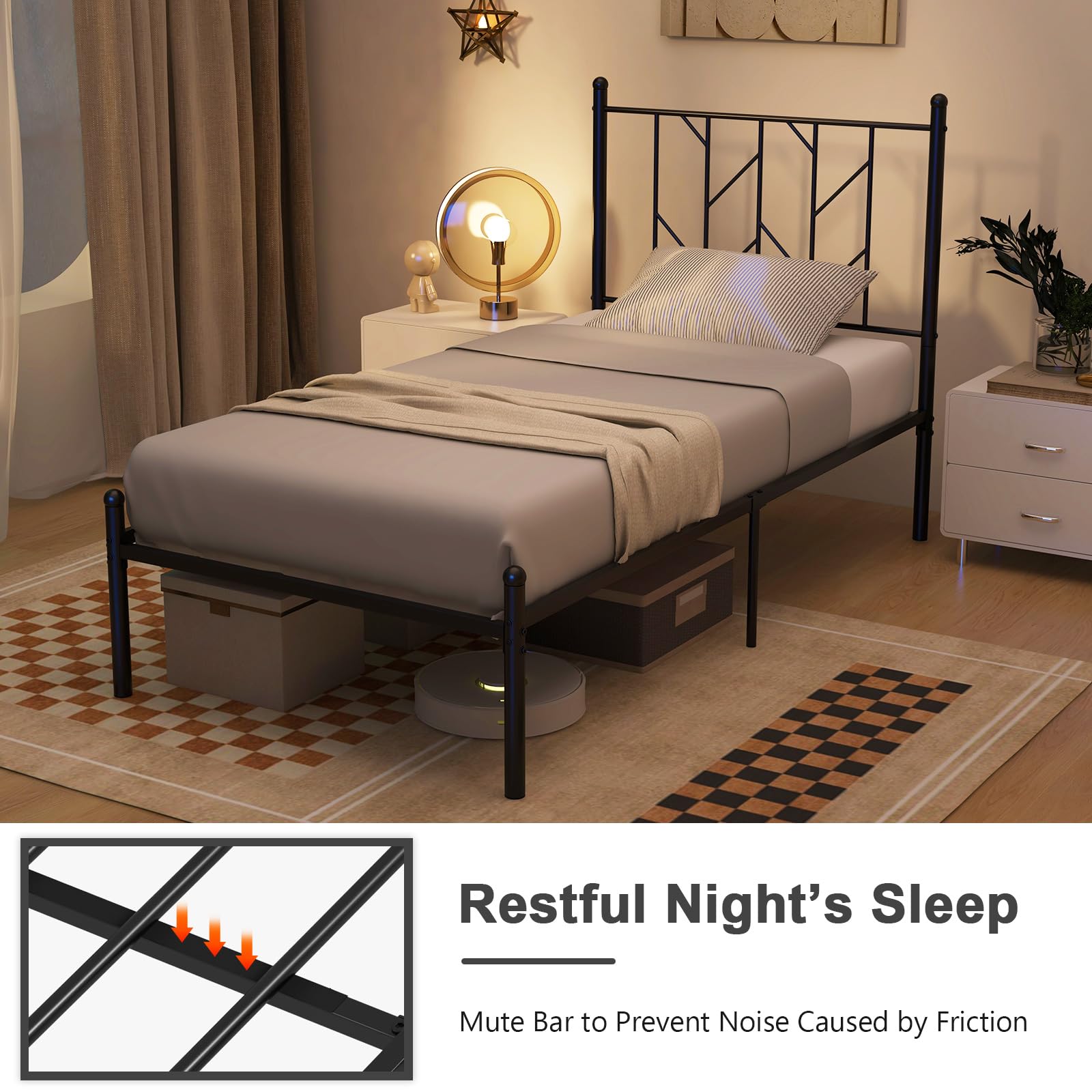 KOMFOTT Metal Bed Frame with Victorian Style Headboard, 14 Metal Slats Support