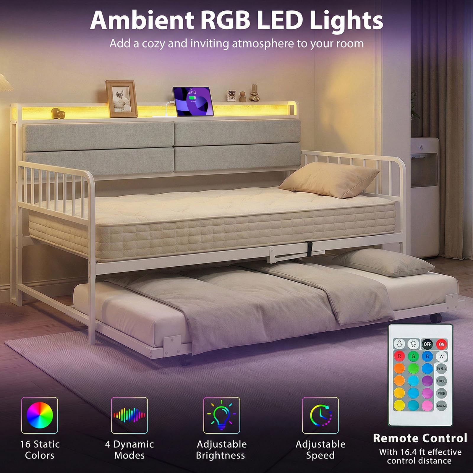 KOMFOTT Twin Size Daybed with Trundle & LED Light