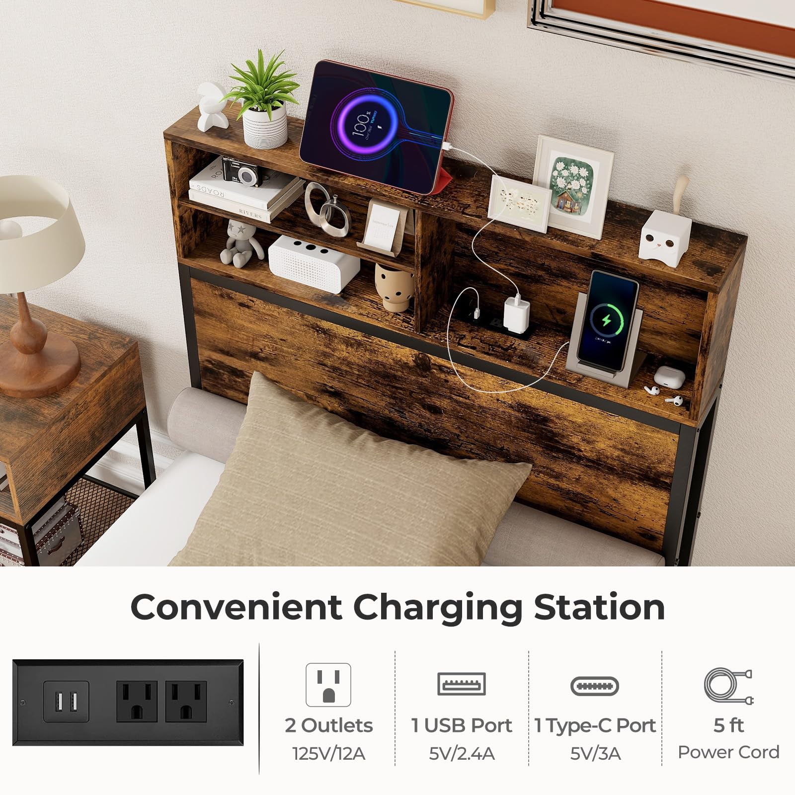 KOMFOTT Metal Platform Bed Frame with Storage Headboard & Charging Station