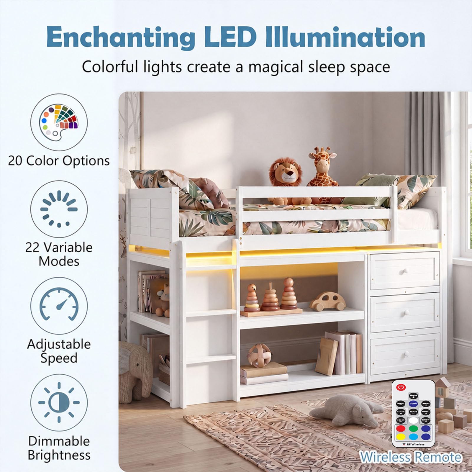 KOMFOTT Twin Low Loft Bed with LED Lights Modern Loft Bed