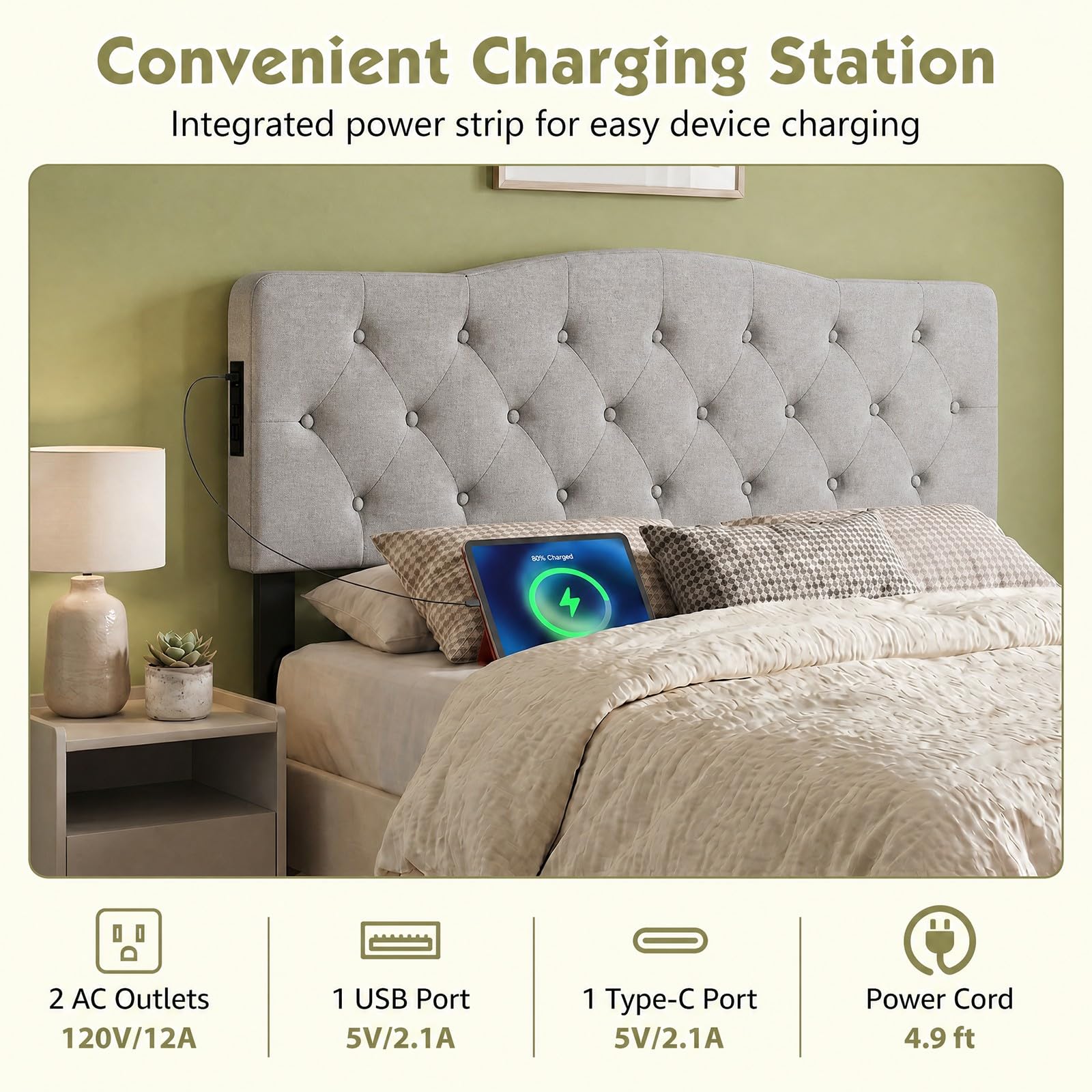 KOMFOTT Modern Headboard with Charging Station for Queen & Full Bed(Curved Button Tufted)
