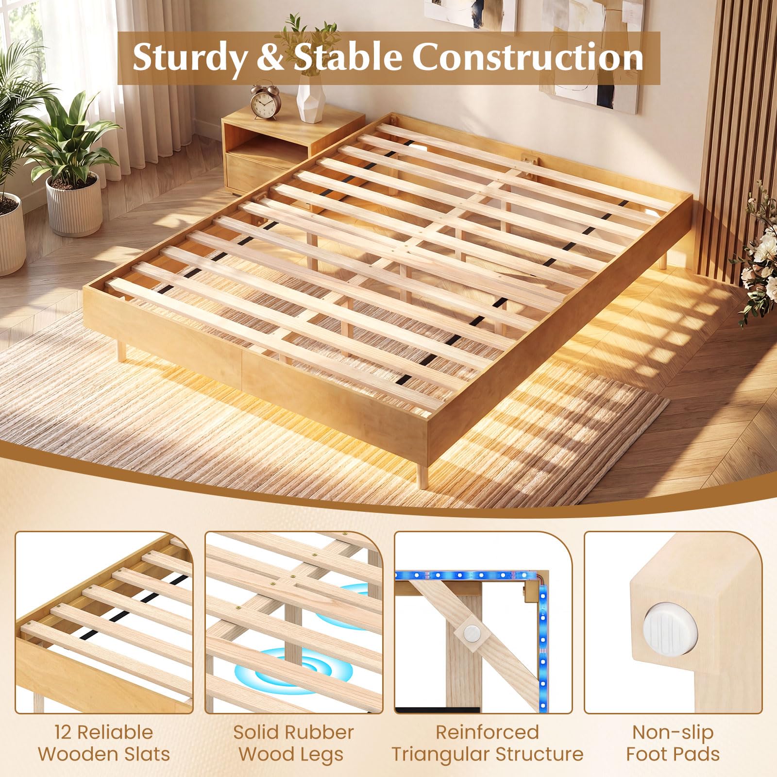 KOMFOTT Queen/Full/Twin Size Wood Floating Bed Frame with LED Lights