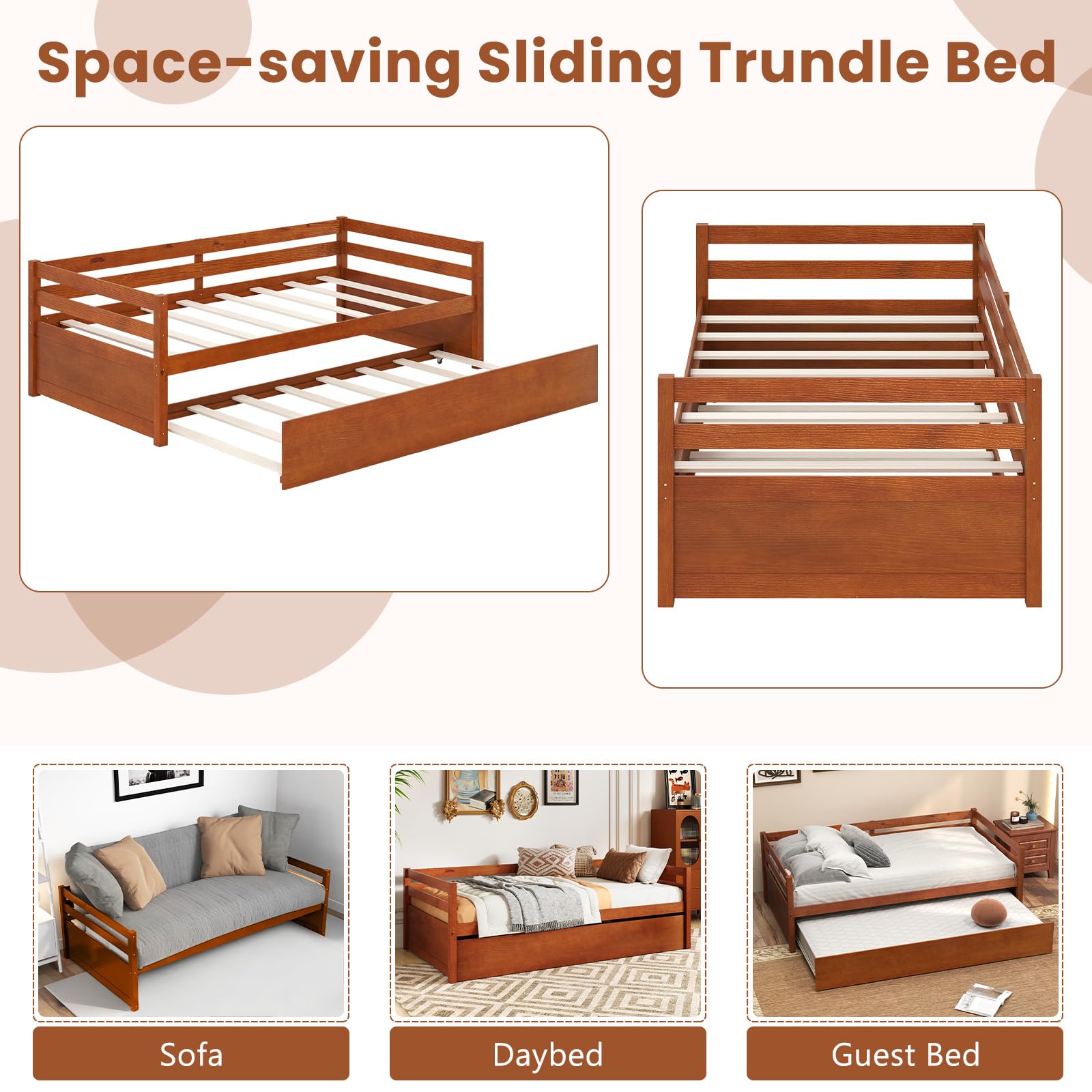KOMFOTT Twin Daybed with Trundle, Wood Trundle Bed with Wood Slat Support