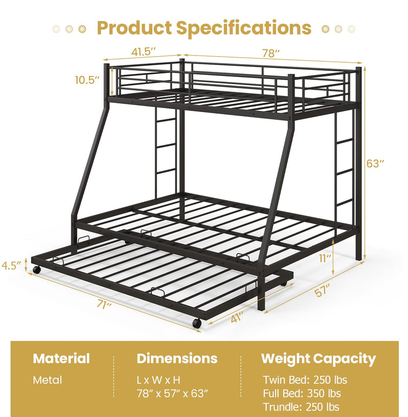 Heavy-Duty Metal Triple Bunk Beds w/Two Side Ladders & Safety Guard Rail