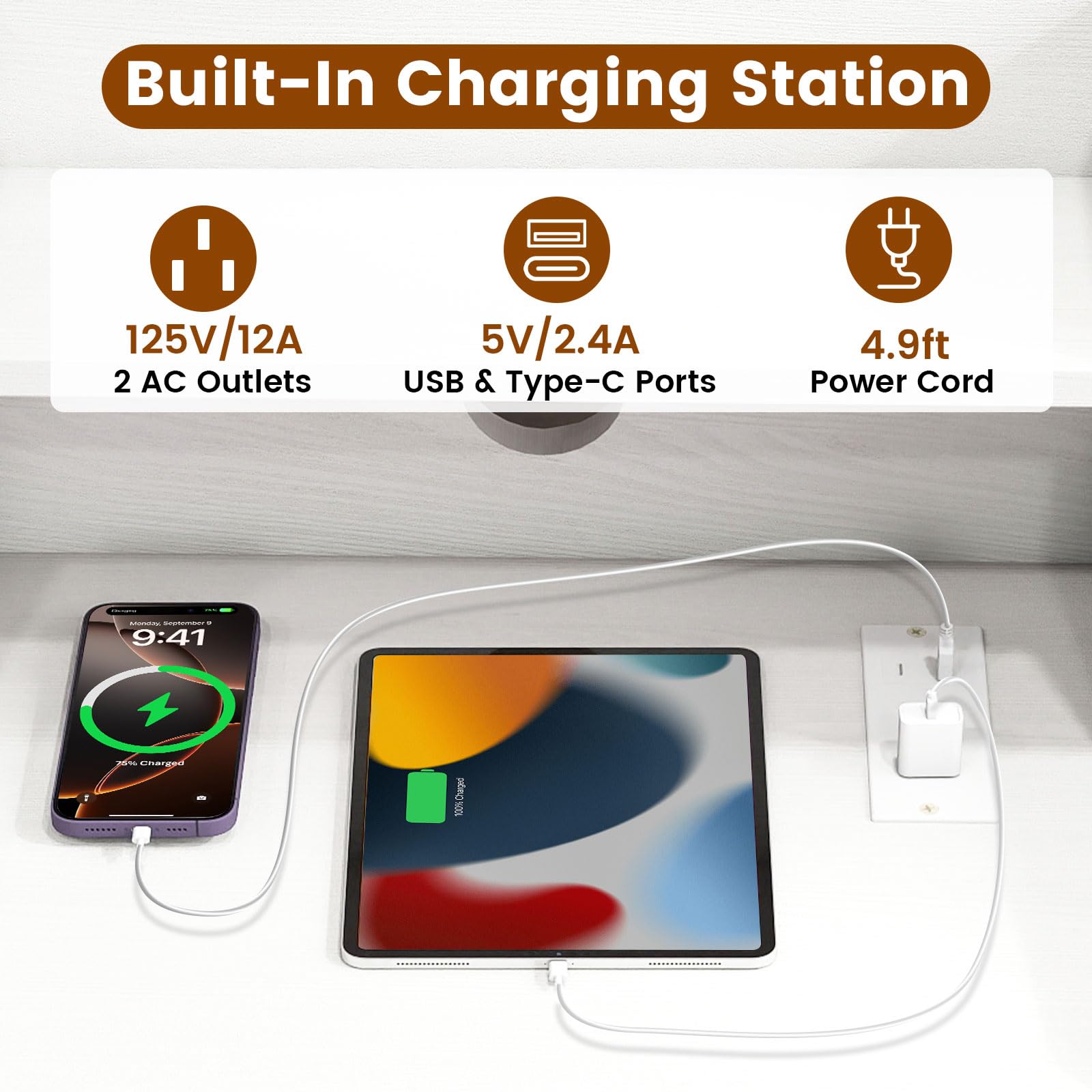 KOMFOTT Nightstand with Charging Station & LED Lights(1/2)