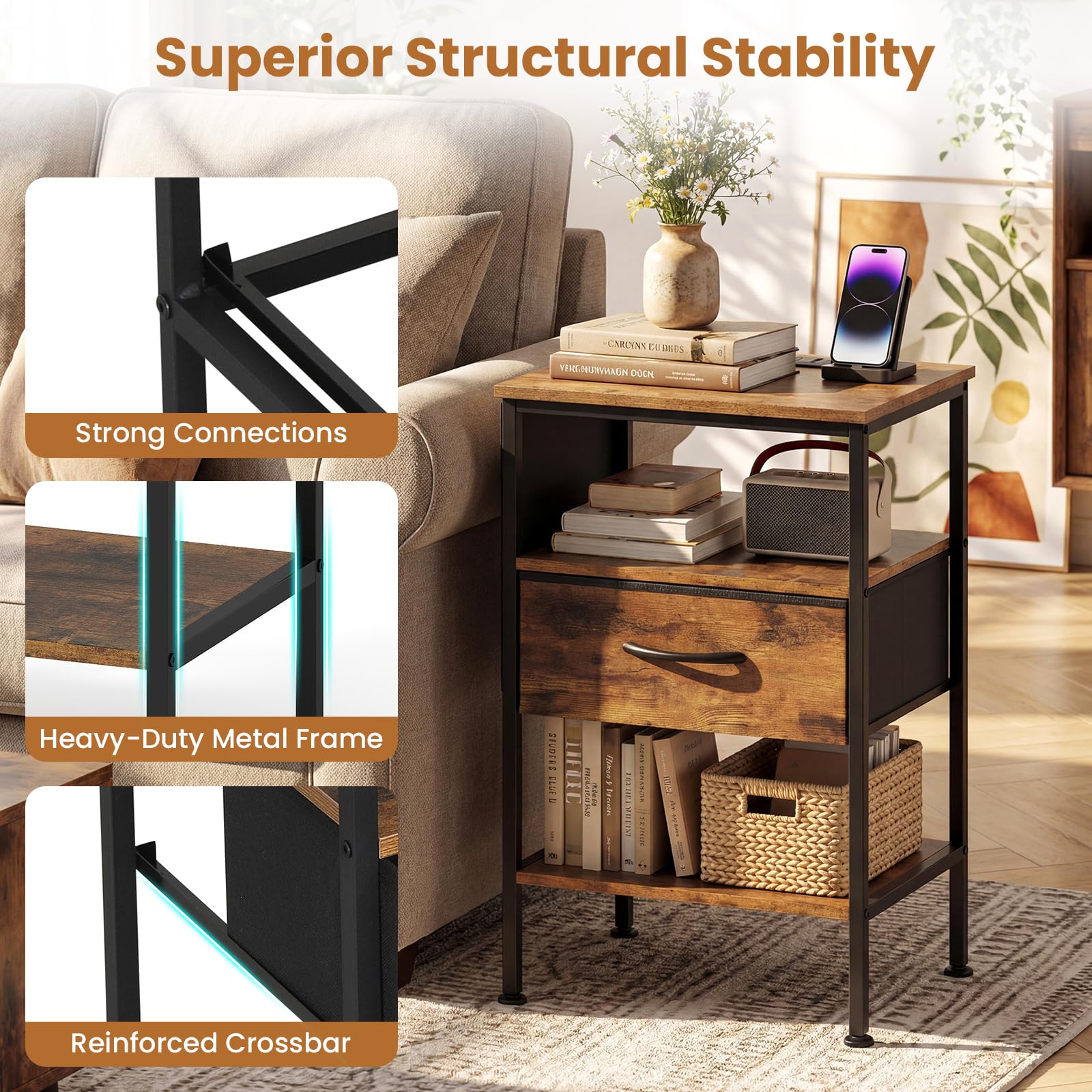 KOMFOTT 1/2 Nightstand with Charging Station 24.5" Modern Bedside Table(1 Drawer)