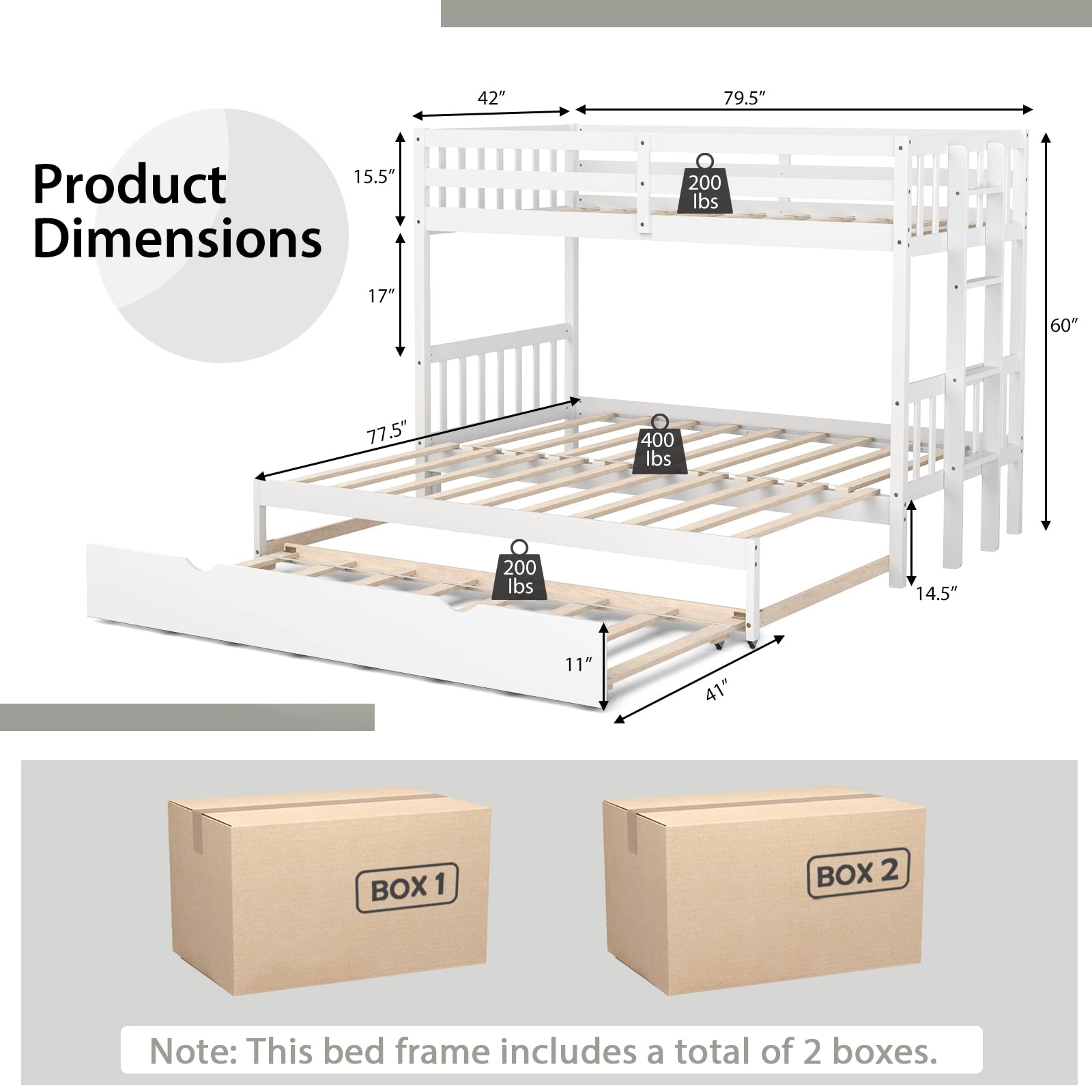 KOMFOTT Twin Over Full Bunk Bed with Trundle,  Extendable Twin/Full/Queen/King Bunk Bed